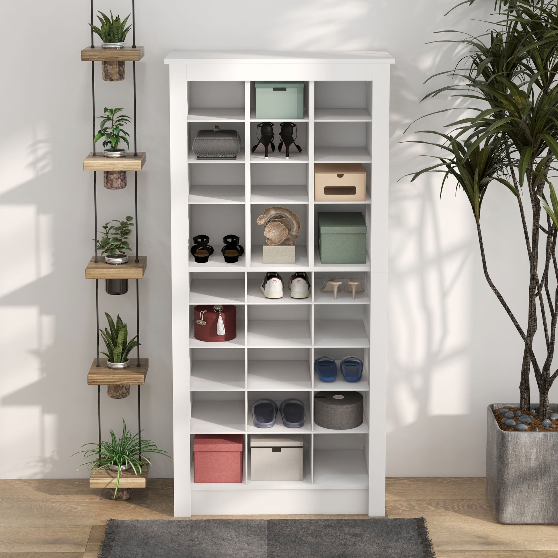 Homcom 58" Tall Shoe Cabinet For Entryway, Narrow Shoe Rack Storage Organizer With Open Cubes And Adjustable Shelves For 27 Pairs Of Shoes, White White Particle Board