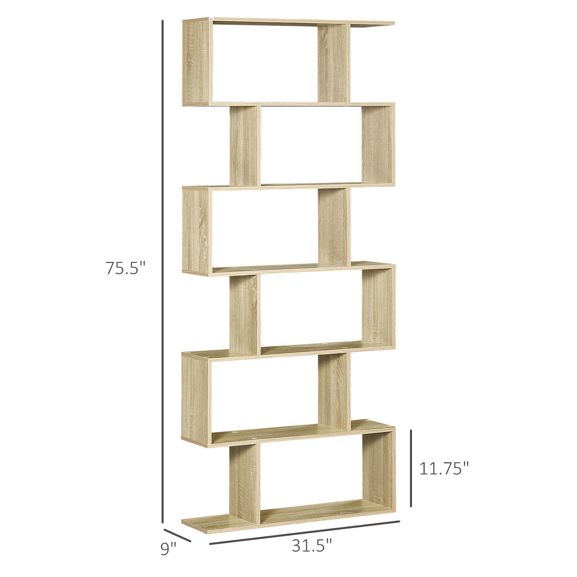 Homcom 75.5"H Bookcase 6 Shelf S Shaped Bookshelf Wooden Storage Display Stand Shelf Organizer Free Standing Oak Natural Engineered Wood