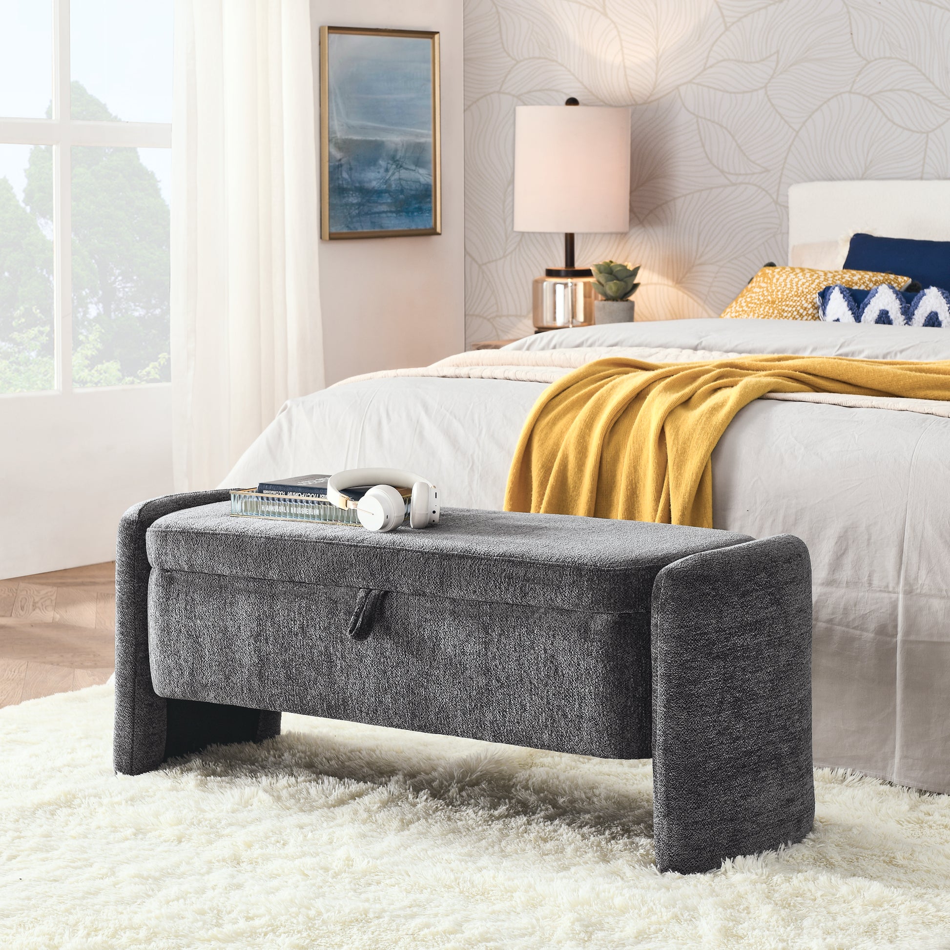 Ottoman Oval Storage Bench Chenille Fabric Bench With Large Storage Space For The Living Room, Entryway And Bedroom,Gray Cushioned Grey Vanity Stools Bedroom Black American Design,American Traditional Wood Shoe Storage Polyurethane Foam Chenille