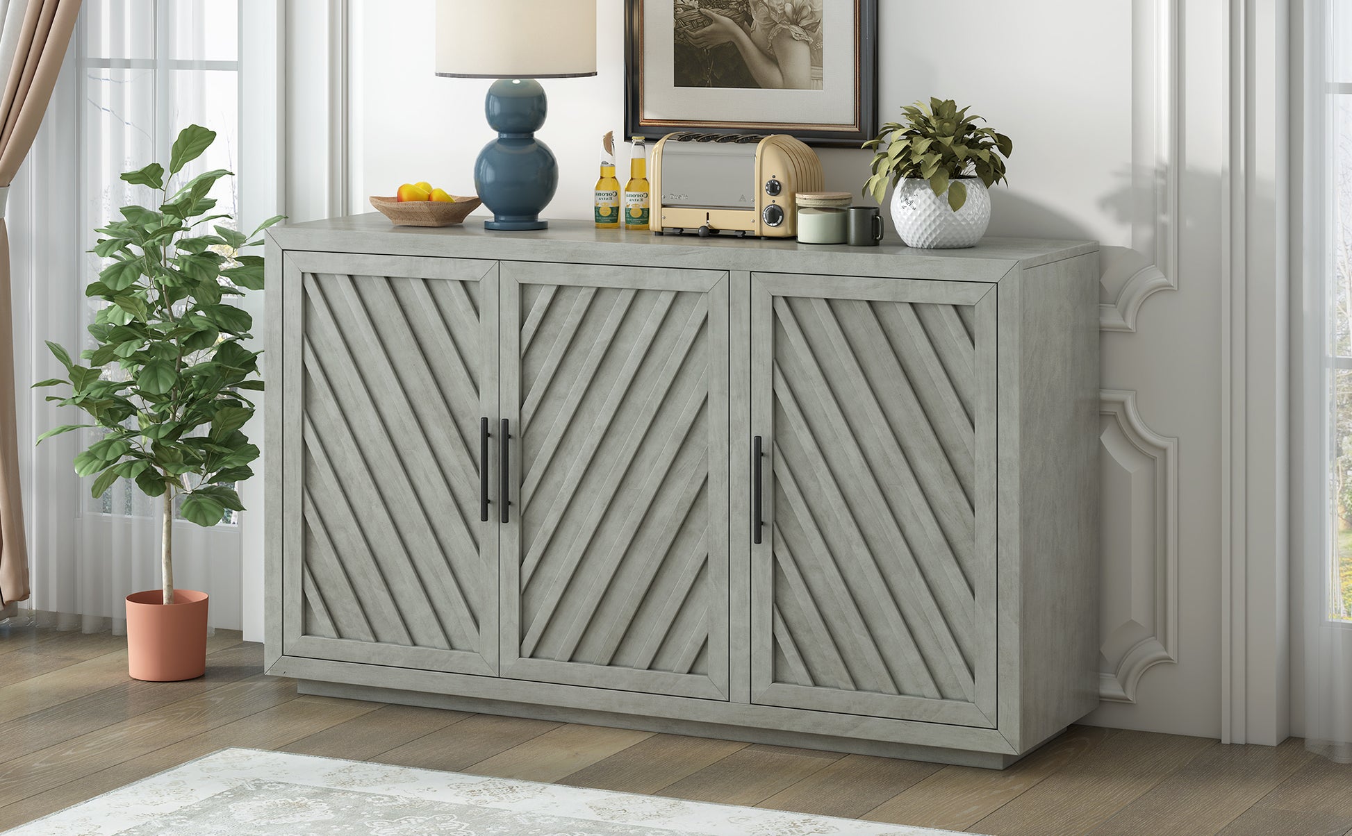 3 Door Large Storage Retro Sideboard With Adjustable Shelves And Black Handles For Kitchen, Dining Room And Living Room Antique Gray Antique Gray Solid Wood Mdf