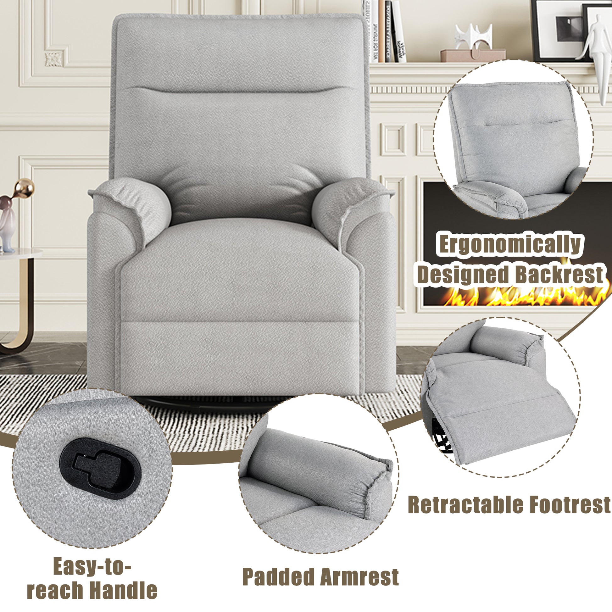 360 Degree Swivel Upholstered Manual Recliner Chair Theater Recliner Sofa Nursery Glider Rocker For Living Room, Grey Grey Foam Linen