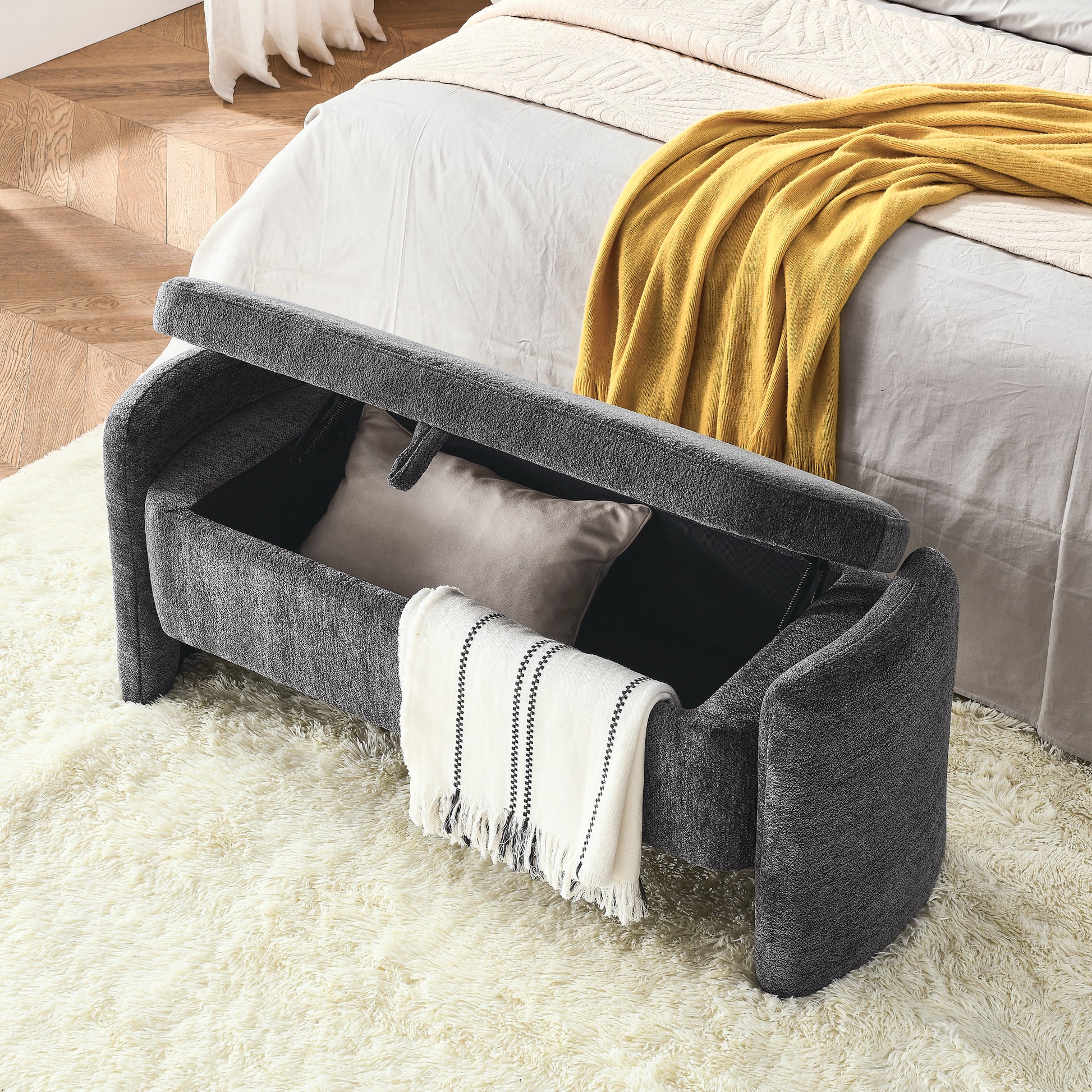 Ottoman Oval Storage Bench Chenille Fabric Bench With Large Storage Space For The Living Room, Entryway And Bedroom,Gray Cushioned Grey Vanity Stools Bedroom Black American Design,American Traditional Wood Shoe Storage Polyurethane Foam Chenille