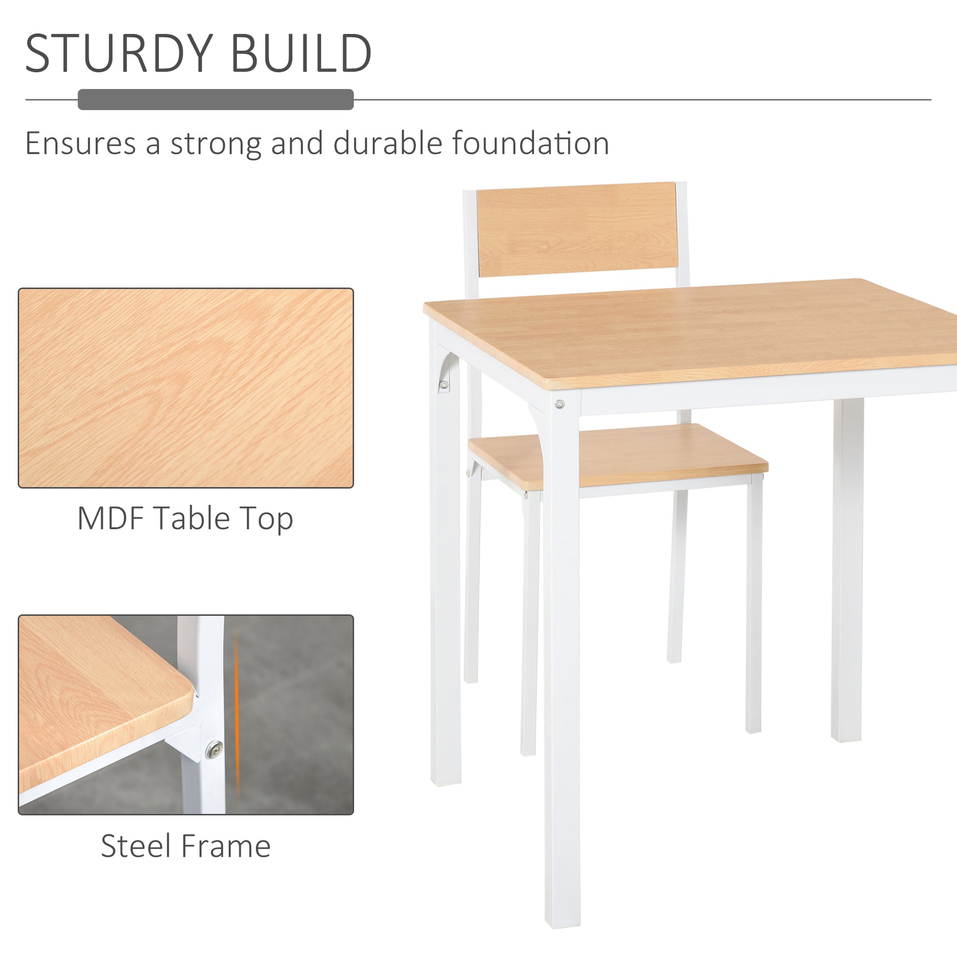 Homcom 3 Piece Wooden Square Dining Table Set With 1 Table And 2 Chairs And Sturdy Metal Frame For Small Space, White White Mdf