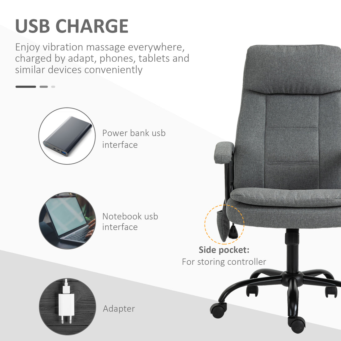 Vinsetto Executive Massage Office Chair With 2 Point Lumbar Massage, Usb Power, Adjustable Height, Padded Headrest, Armrest, Grey Gray Polyester