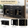 6 Drawer And 2 Cabinet Retro Sideboard With Extra Large Storage Space, With Gold Handles And Solid Wood Legs, For Kitchen And Living Room Black Black Solid Wood Mdf