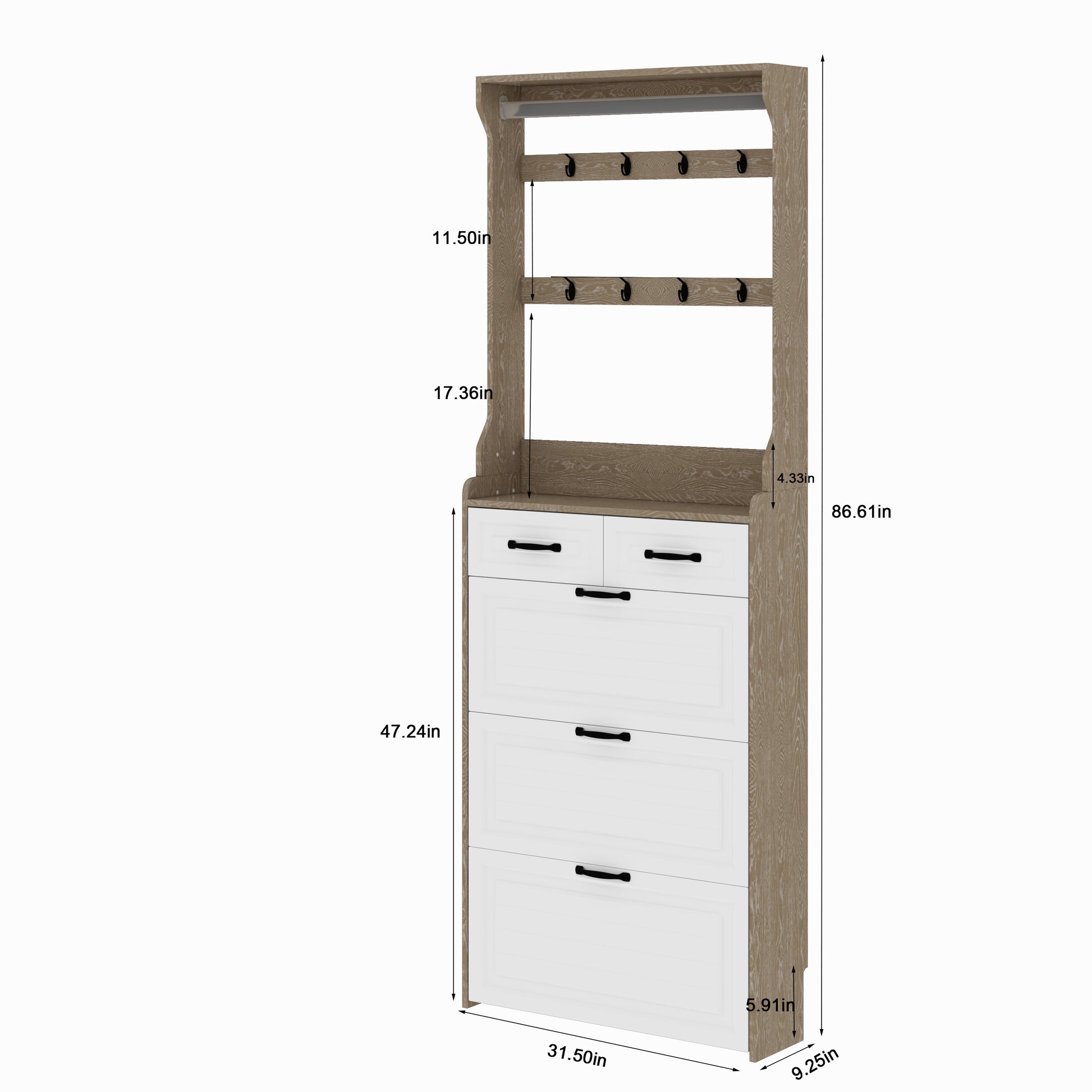 Oak Color Shoe Cabinet With 3 Doors 2 Drawers With Hanger,Pvc Door With Shape ,Large Space For Storage Freestanding 3 4 Spaces White Primary Living Space American Design,American
