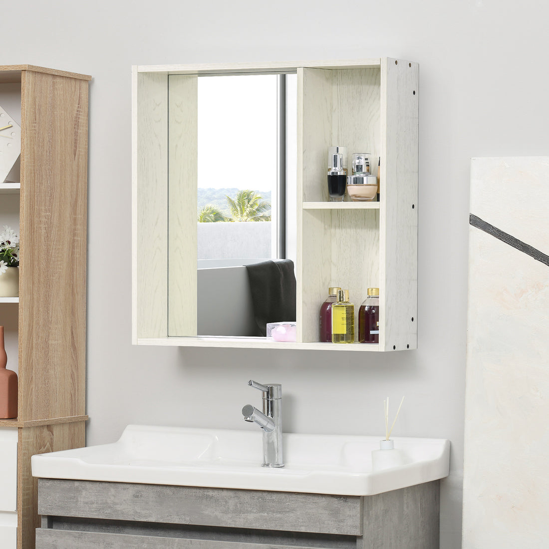 Kleankin 31.5" X 25.5" Bathroom Medicine Cabinet With Mirror, Storage Shelf, Over Toilet Bathroom Cabinet Wall Mounted For Living Room And Laundry Room, White White Mdf