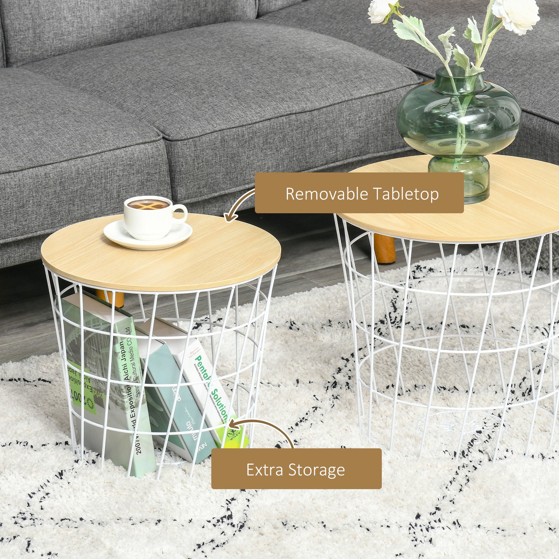 Homcom End Tables Set Of 2, Nesting Tables With Storage, Round Accent Side Tables With Removable Top For Living Room, Bedroom, White Natural White Mdf