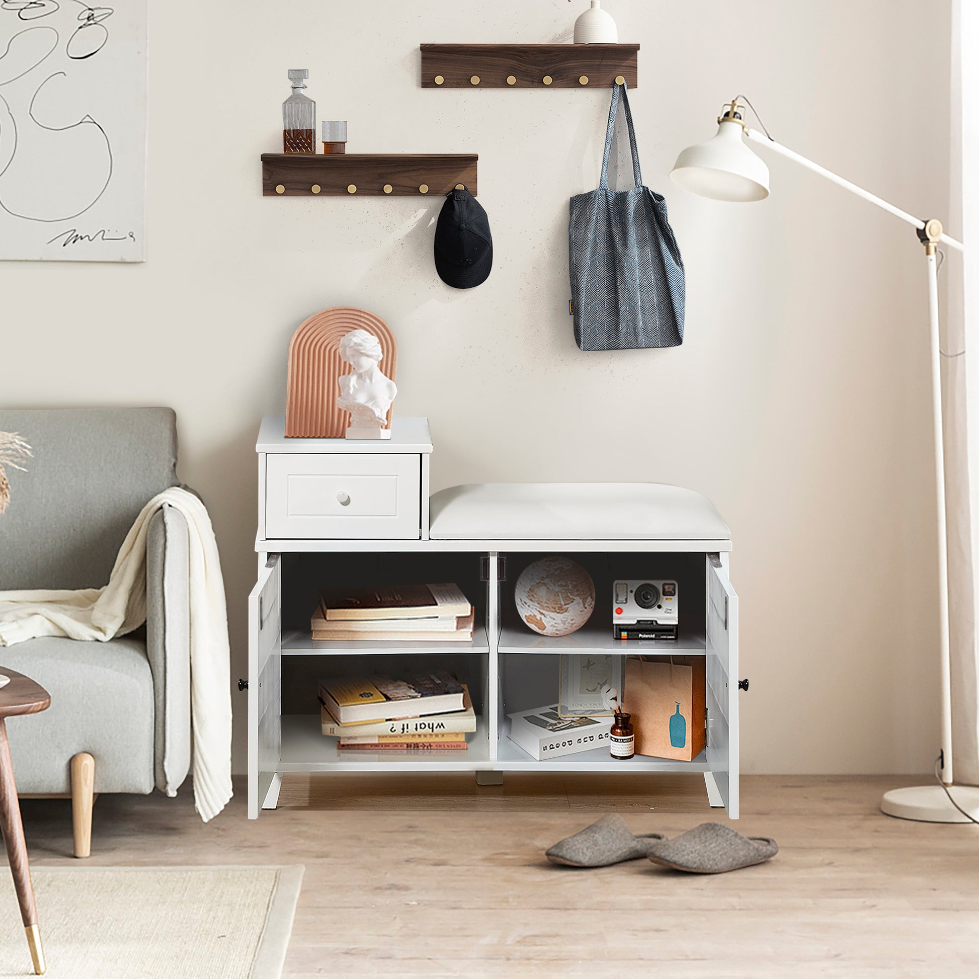 Wooden Shoe Storage Stool With Drawers White White Mdf