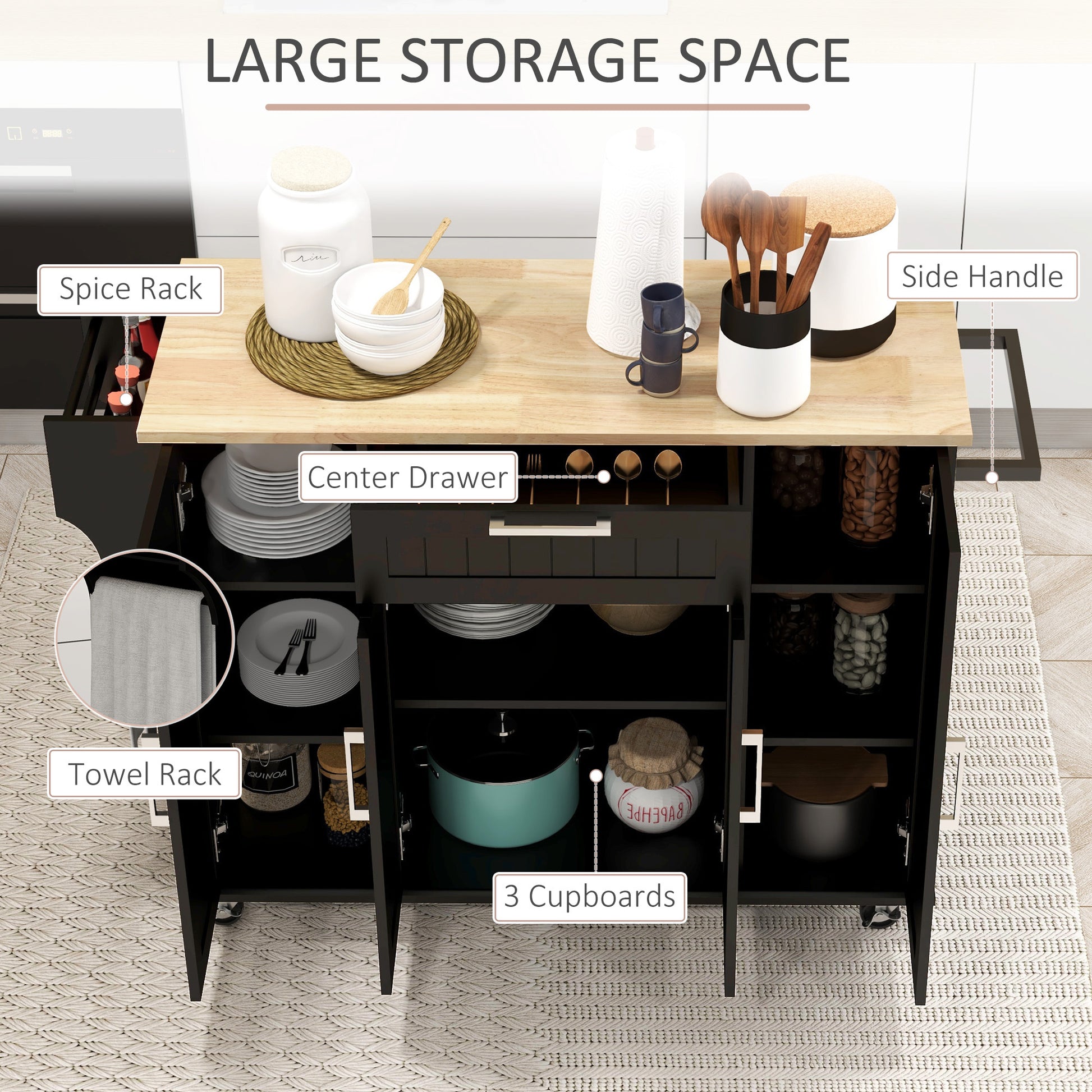 Homcom Kitchen Island On Wheels, Rolling Kitchen Cart With Rubberwood Top, Drawer, Spice Rack, Towel Rack, Storage Cabinet With Inner Adjustable Shelves, Black Black Mdf