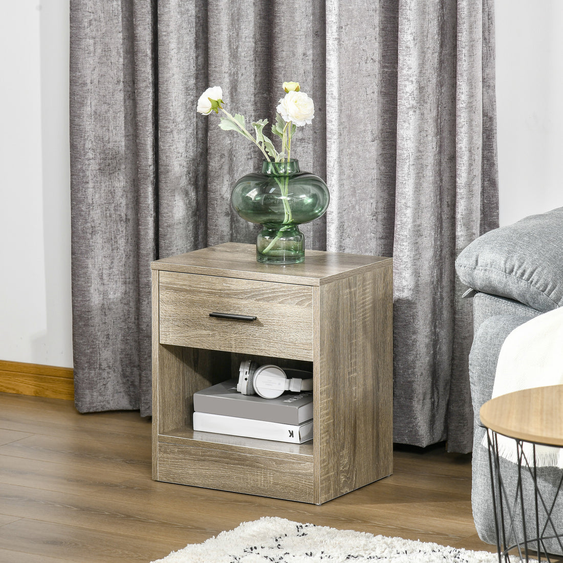 Homcom Side Table, Small End Table With Storage Shelf And Drawer, Modern Bedside Table For Bedroom Or Living Room, Gray Wood Grain Gray Particle Board