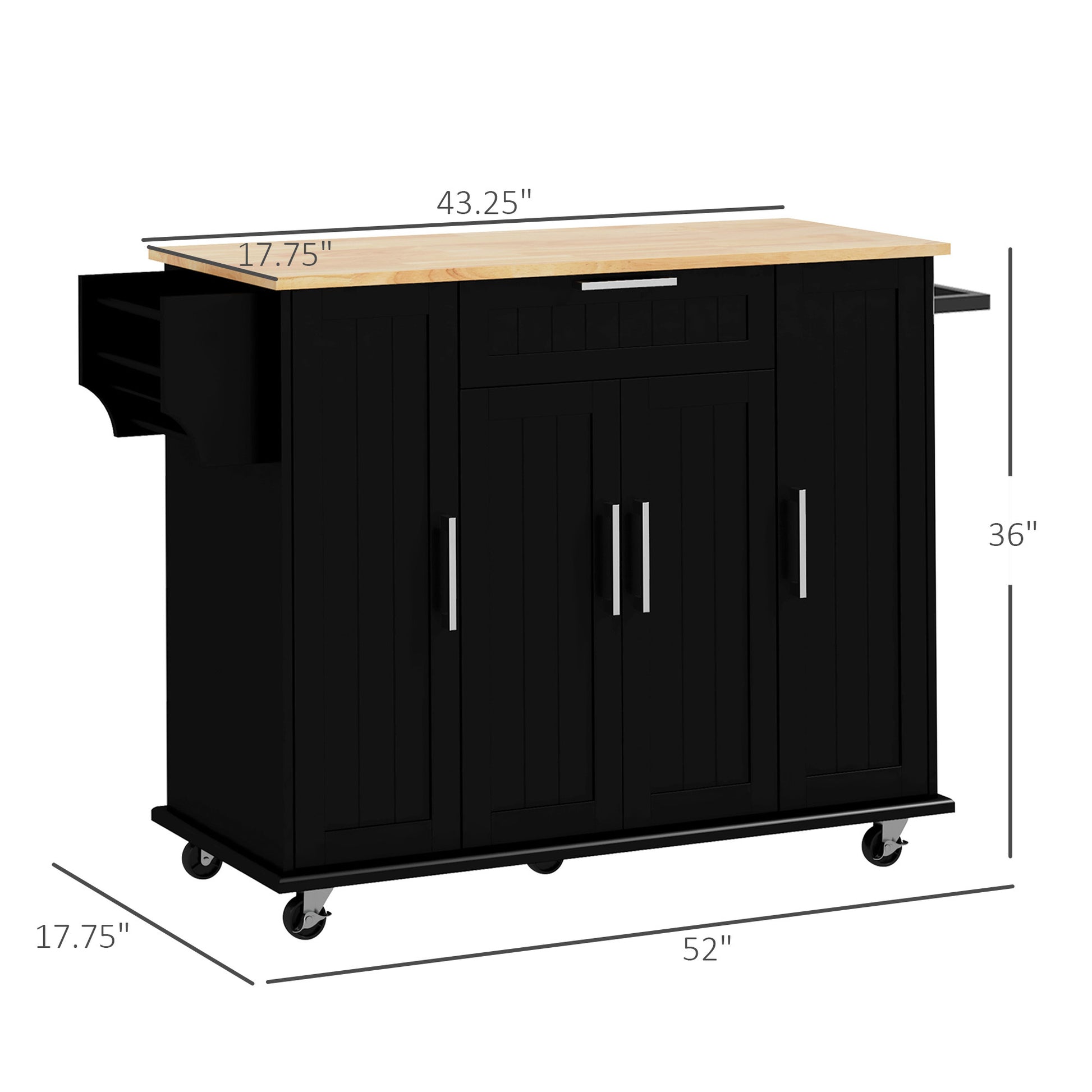 Homcom Kitchen Island On Wheels, Rolling Kitchen Cart With Rubberwood Top, Drawer, Spice Rack, Towel Rack, Storage Cabinet With Inner Adjustable Shelves, Black Black Mdf