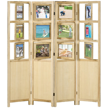 Homcom 4 Panel Room Divider, 5.6' Indoor Wood Portable Folding Privacy Screens With Photo Frames And Cardstocks, Hinged Freestanding Partition Wall Dividers For Home Office, Natural Natural Wood