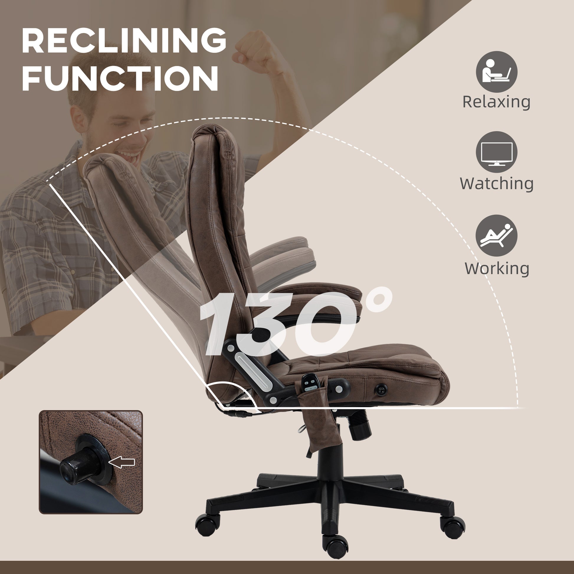 Homcom 6 Point Vibrating Massage Office Chair With Heat, Microfiber High Back Executive Office Chair With Reclining Backrest, Padded Armrests And Remote, Coffee Brown Polyester