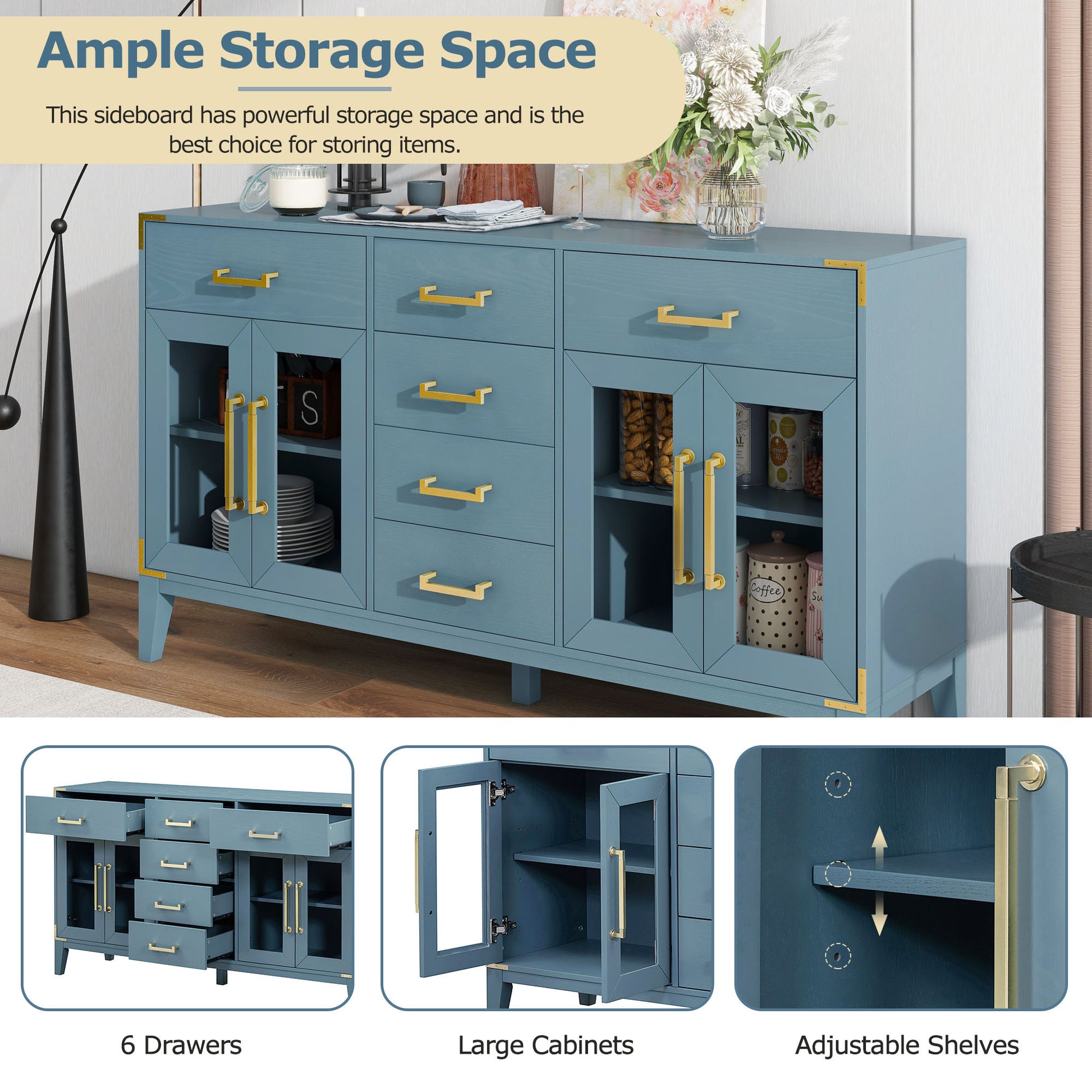 6 Drawer And 2 Cabinet Retro Sideboard With Extra Large Storage Space, With Gold Handles And Solid Wood Legs, For Kitchen And Living Room Antique Blue Antique Blue Solid Wood Mdf