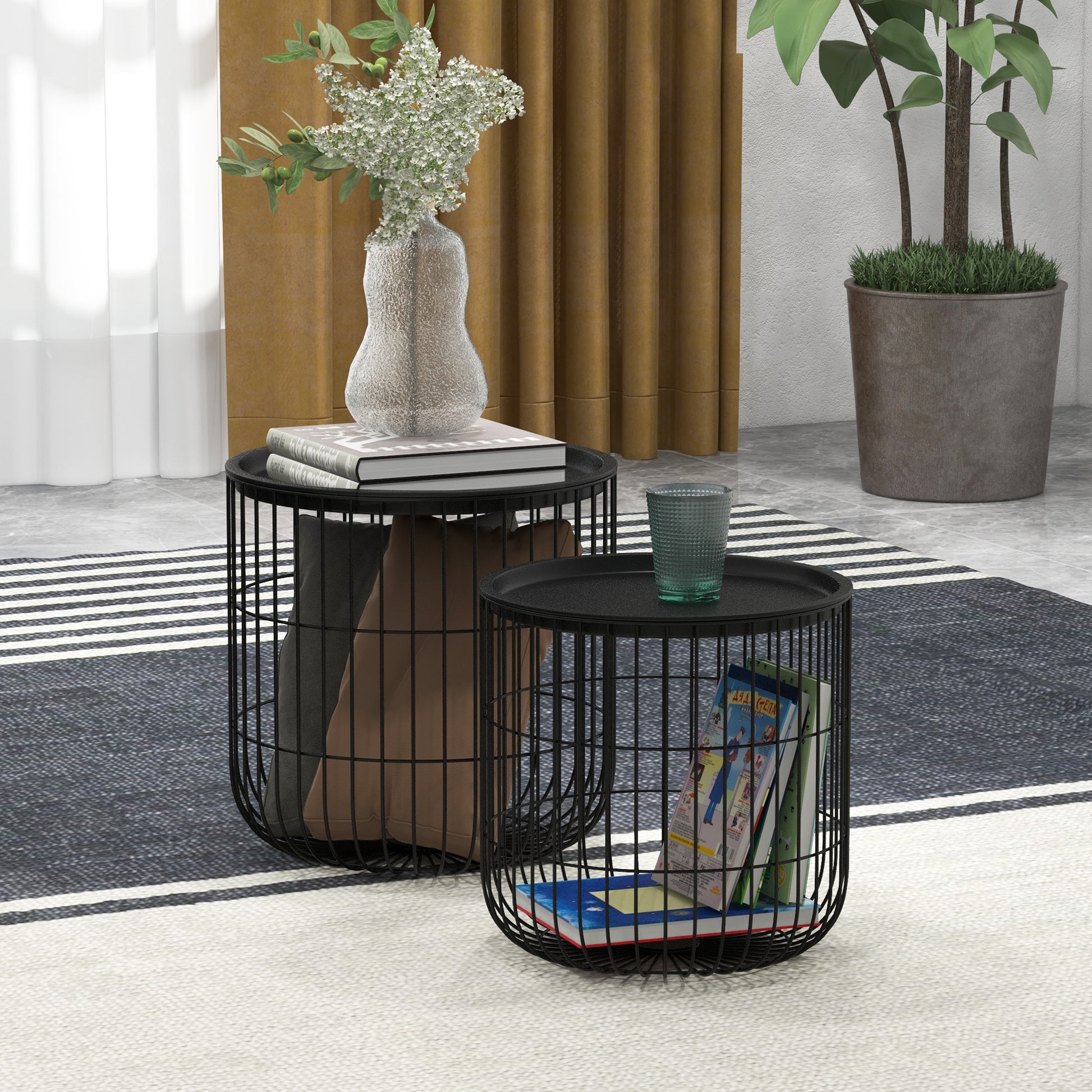 Homcom Nesting Coffee Tables, Round Coffee Table Set Of 2 With Steel Wired Basket Body And Removable Top, Stacking End Tables Blanket Storage For Living Room, Black Black Steel
