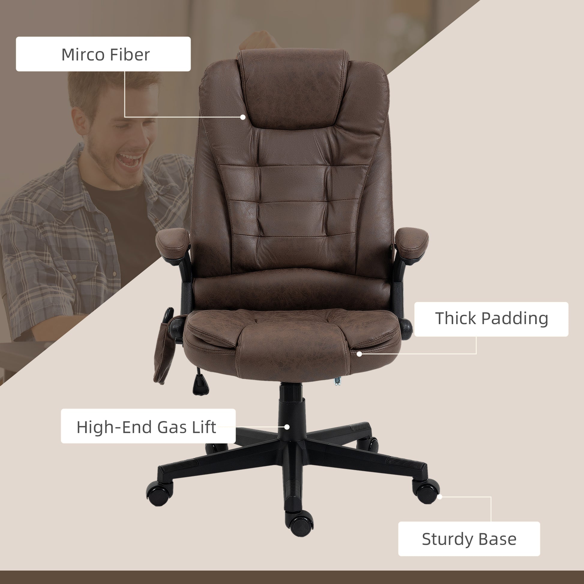 Homcom 6 Point Vibrating Massage Office Chair With Heat, Microfiber High Back Executive Office Chair With Reclining Backrest, Padded Armrests And Remote, Coffee Brown Polyester