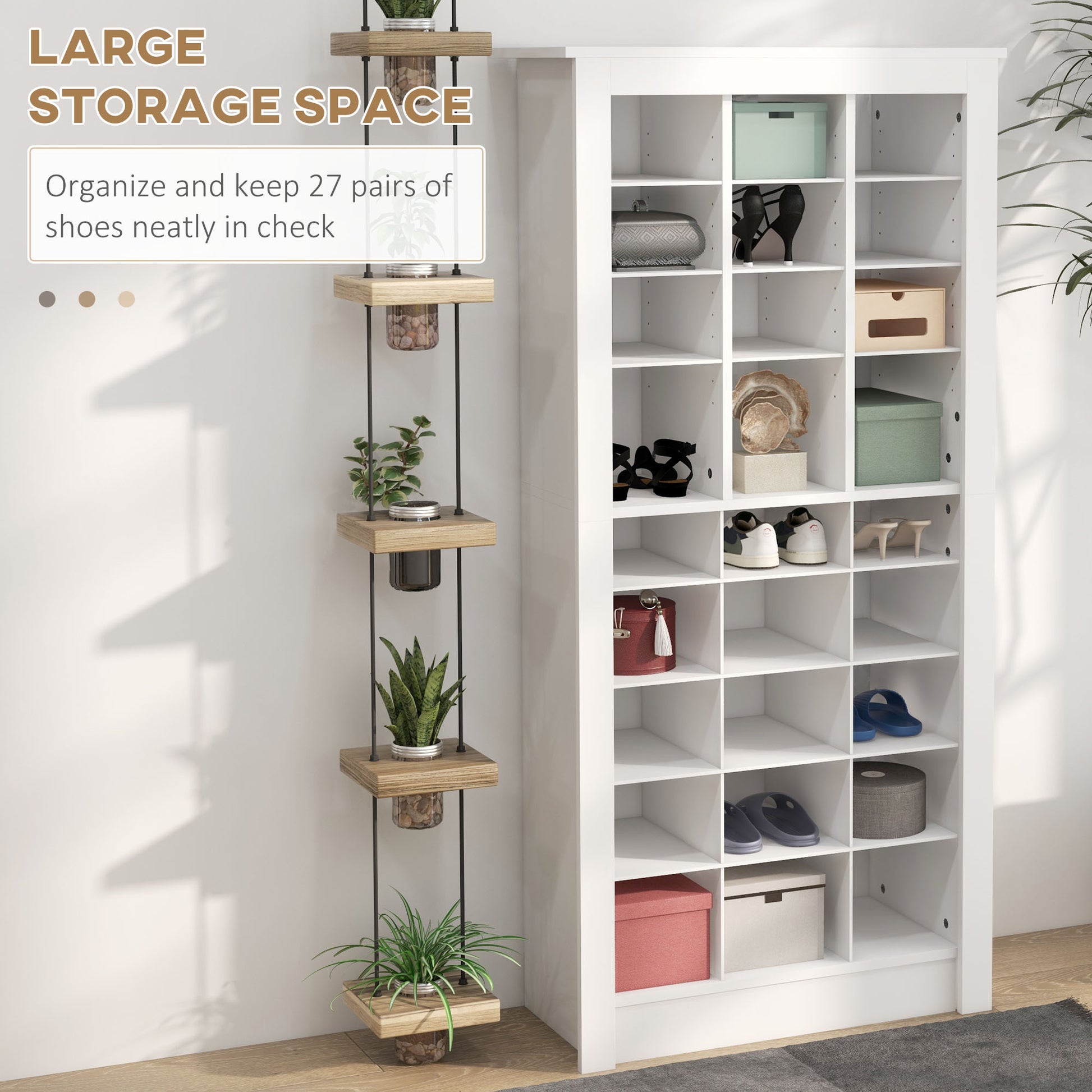 Homcom 58" Tall Shoe Cabinet For Entryway, Narrow Shoe Rack Storage Organizer With Open Cubes And Adjustable Shelves For 27 Pairs Of Shoes, White White Particle Board