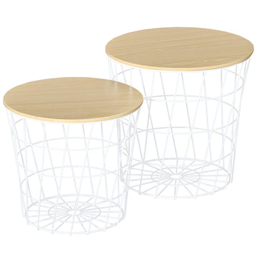 Homcom End Tables Set Of 2, Nesting Tables With Storage, Round Accent Side Tables With Removable Top For Living Room, Bedroom, White Natural White Mdf
