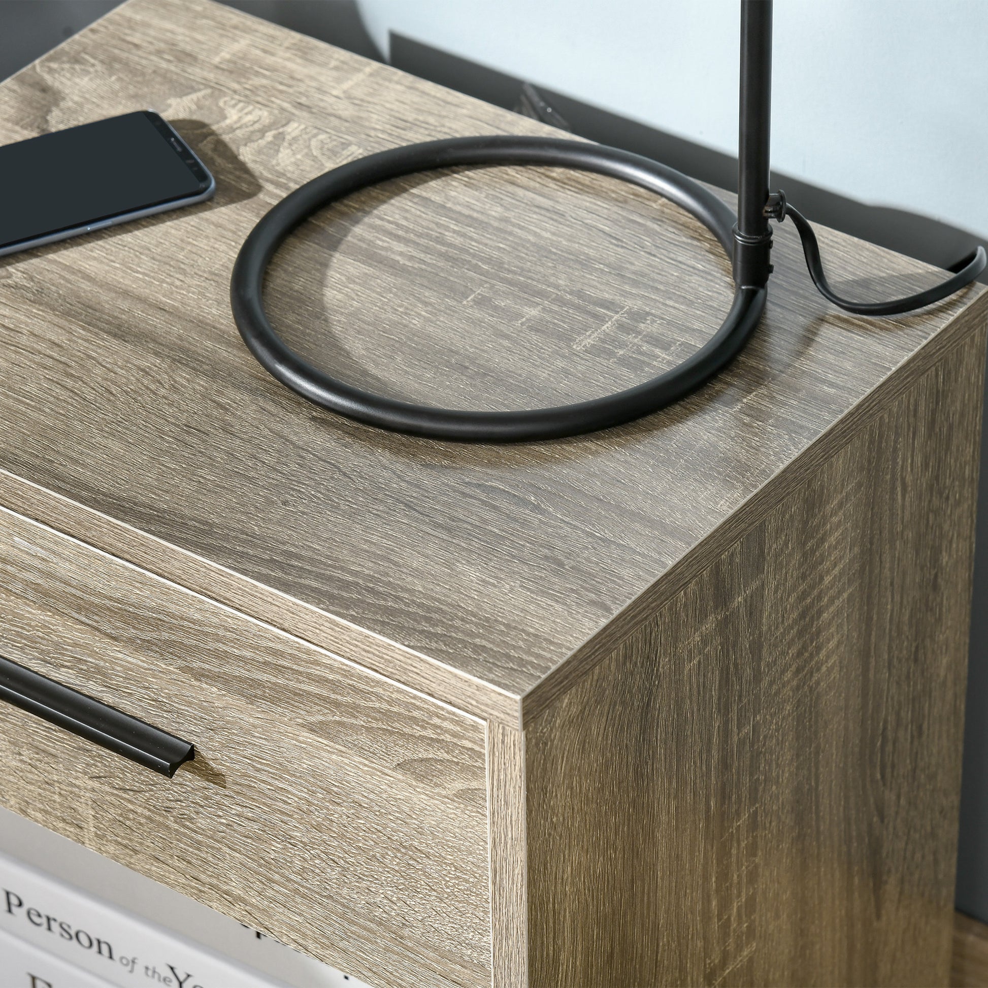 Homcom Side Table, Small End Table With Storage Shelf And Drawer, Modern Bedside Table For Bedroom Or Living Room, Gray Wood Grain Gray Particle Board