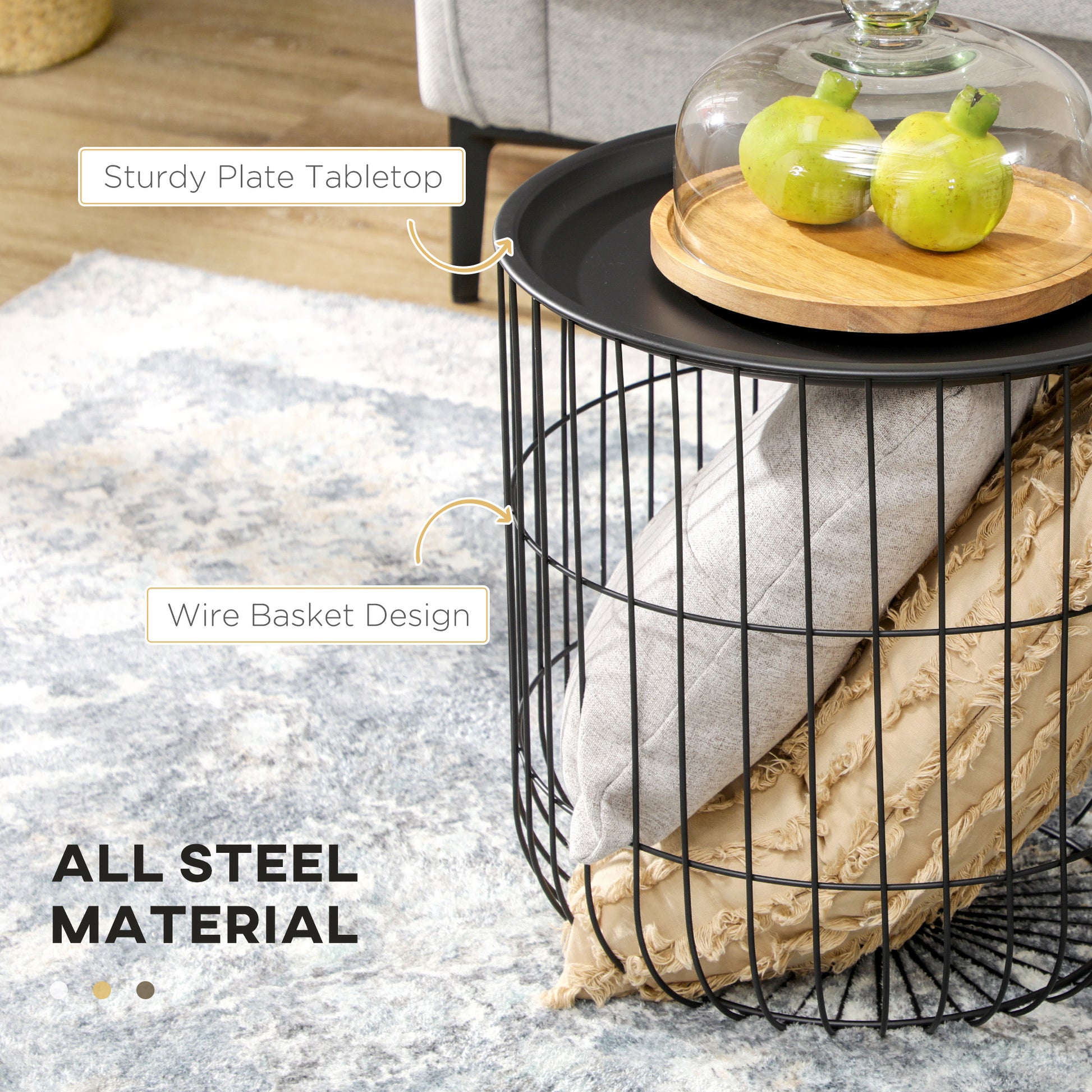 Homcom Nesting Coffee Tables, Round Coffee Table Set Of 2 With Steel Wired Basket Body And Removable Top, Stacking End Tables Blanket Storage For Living Room, Black Black Steel