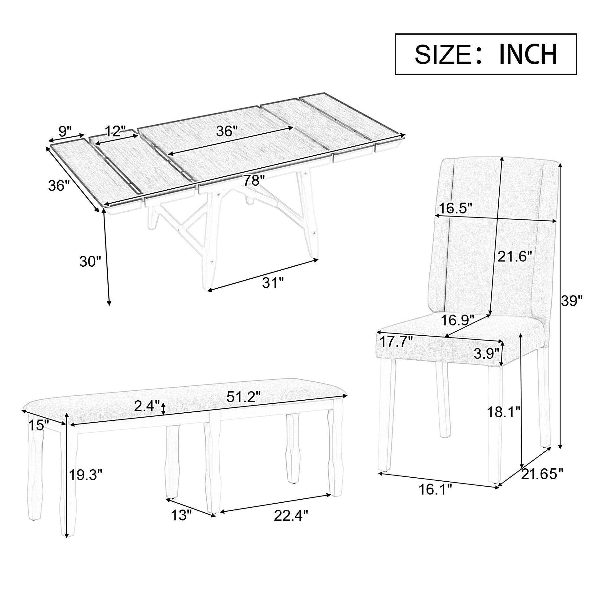 6 Piece Classic Dining Table Set, Rectangular Extendable Dining Table With Two 12"W Removable Leaves And 4 Upholstered Chairs & 1 Bench For Dining Room White Black White Black Solid Wood