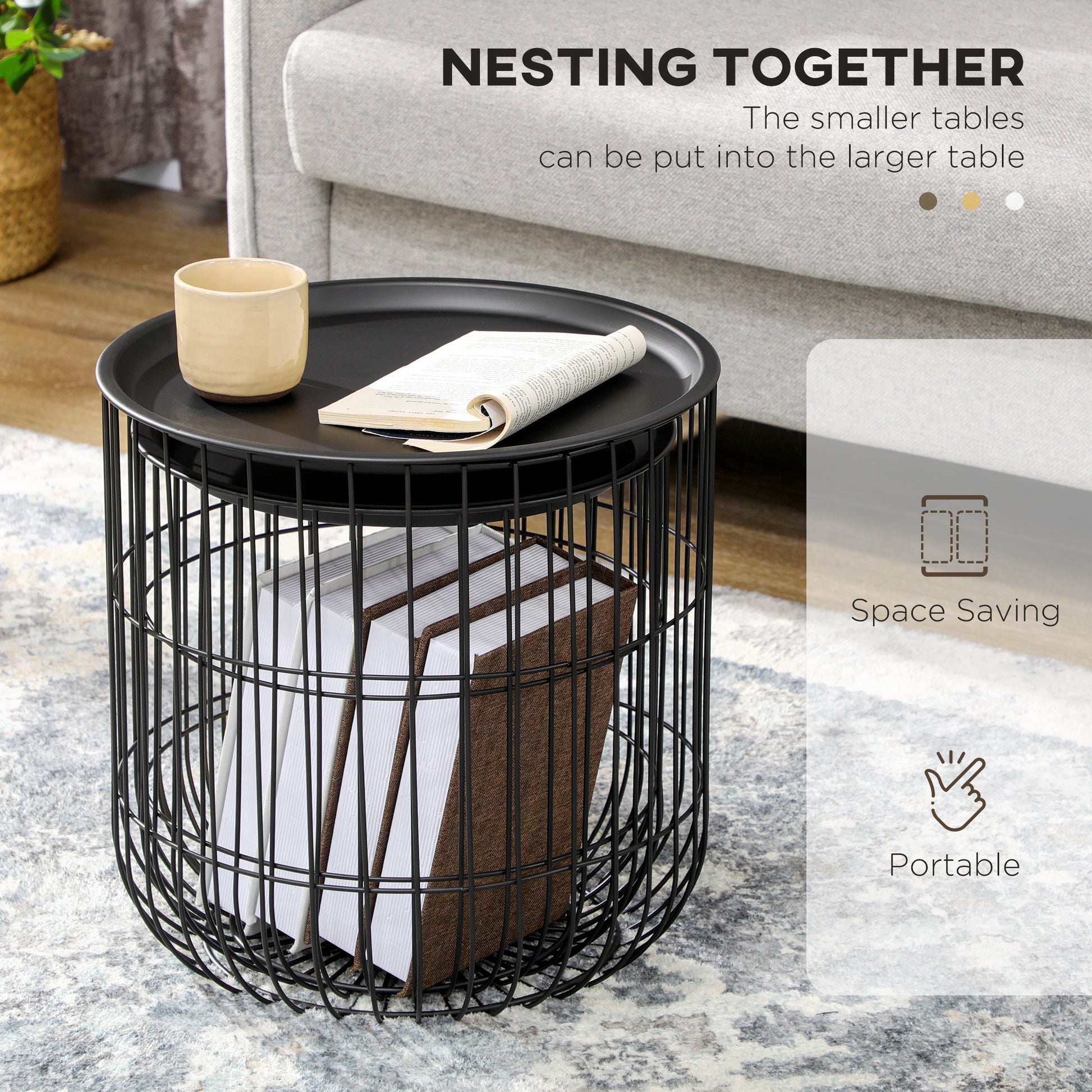 Homcom Nesting Coffee Tables, Round Coffee Table Set Of 2 With Steel Wired Basket Body And Removable Top, Stacking End Tables Blanket Storage For Living Room, Black Black Steel