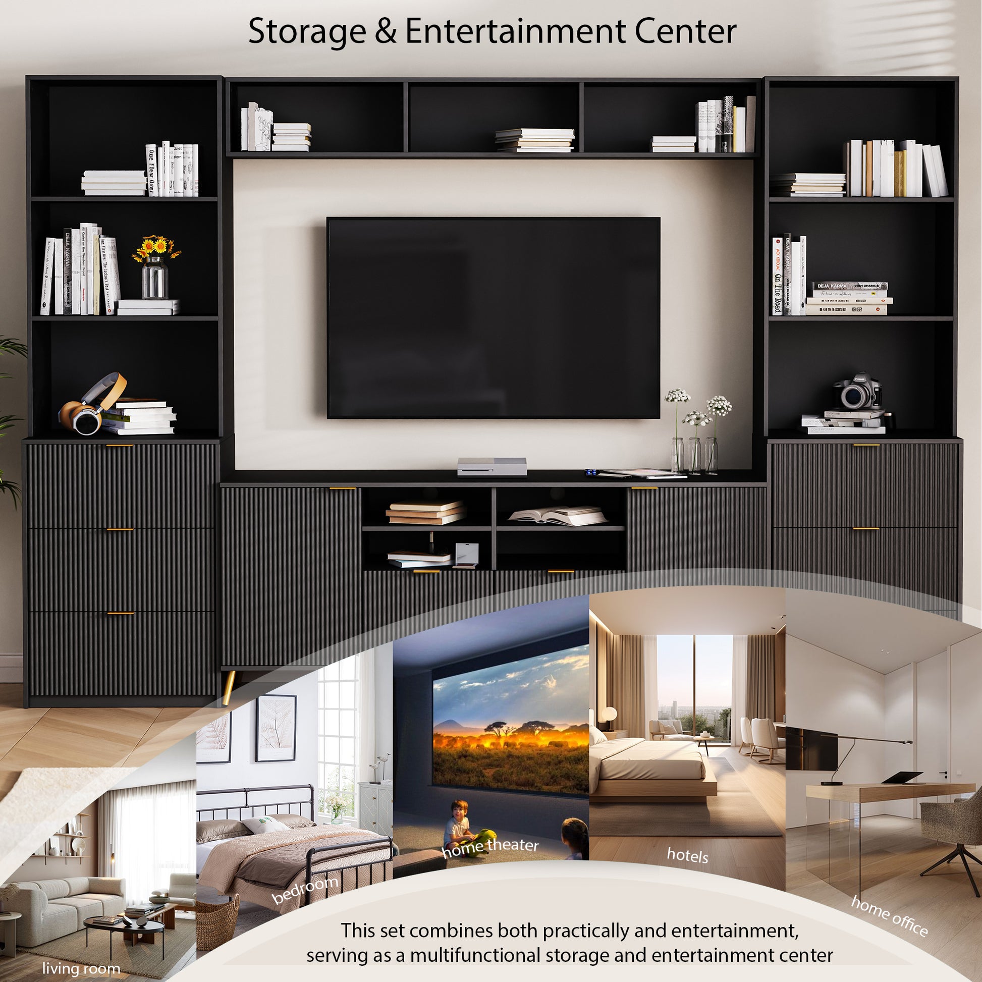 4 Piece Entertainment Wall Unit With 13 Shelves,8 Drawers And 2 Cabinets, Multifunctional Tv Stand Media Storage Cabinet With Fluted Line Surface For Living Room, For Tvs Up To 70" Black 60 69 Inches Mdf