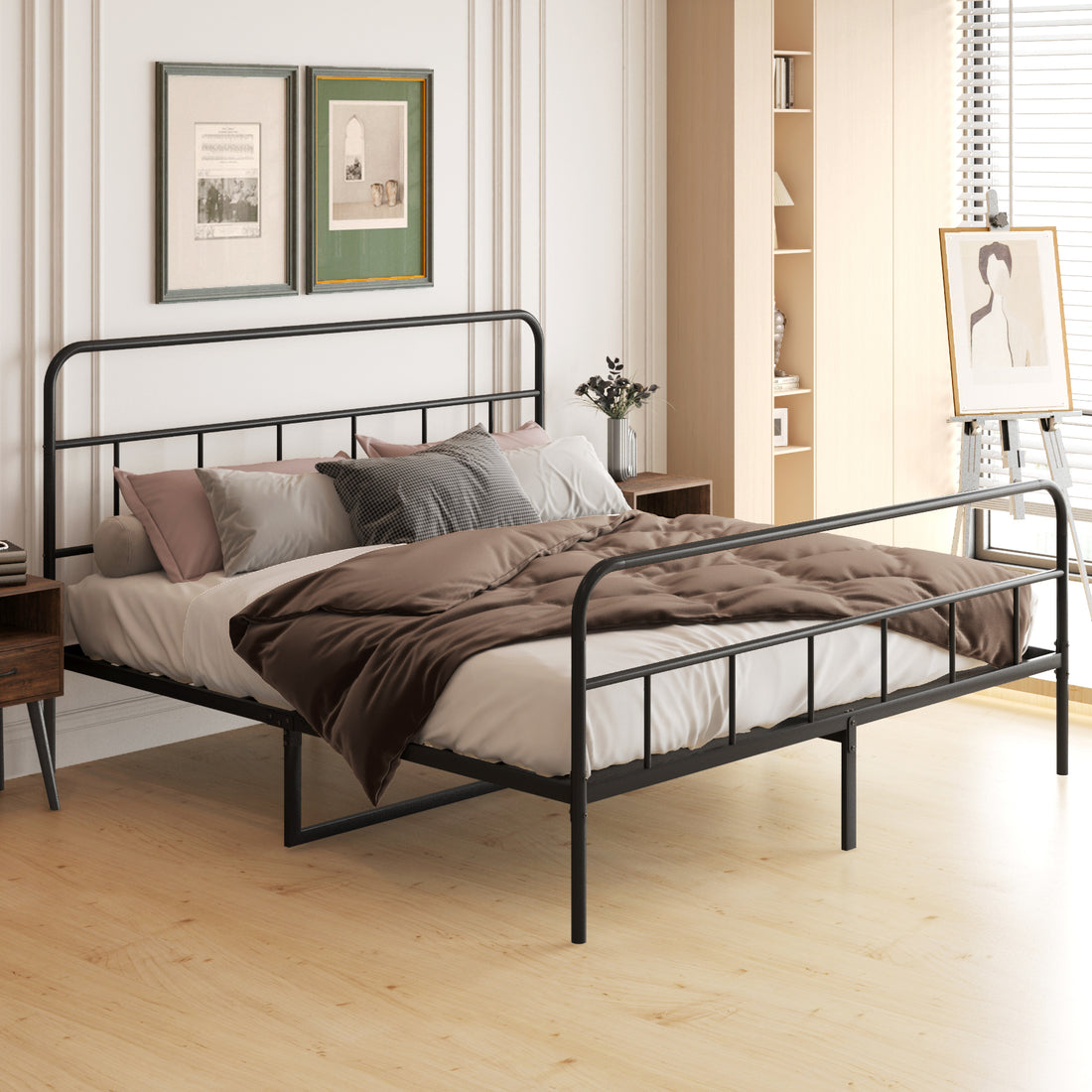 Metal Platform Bed Frame With Headboard, Sturdy Metal Frame, No Box Spring Needed King King Black Iron