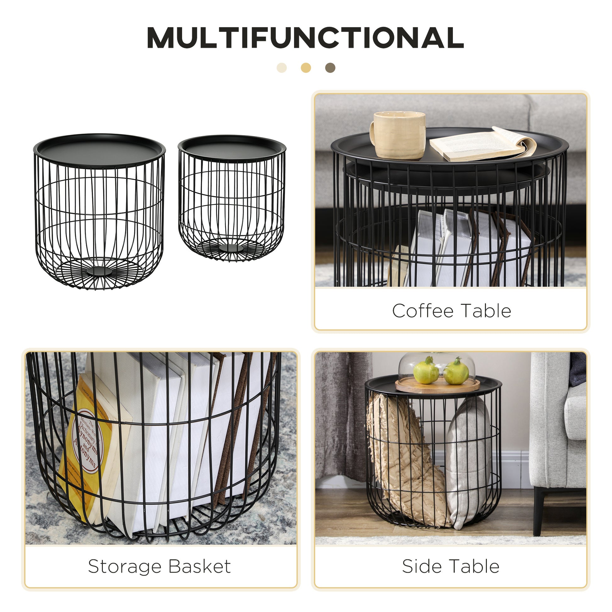Homcom Nesting Coffee Tables, Round Coffee Table Set Of 2 With Steel Wired Basket Body And Removable Top, Stacking End Tables Blanket Storage For Living Room, Black Black Steel