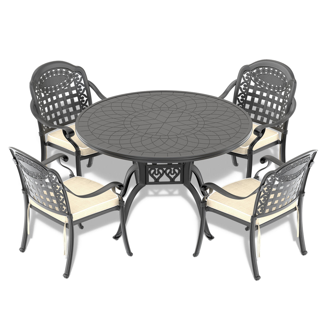 Cushions In Random Colors 5 Piece Set Of Cast Aluminum Patio Furniture With Cushions Yes Dining Set Black Seats 4 Rust Resistant Frame Water Resistant Cushion Garden & Outdoor Complete Patio Sets Aluminium