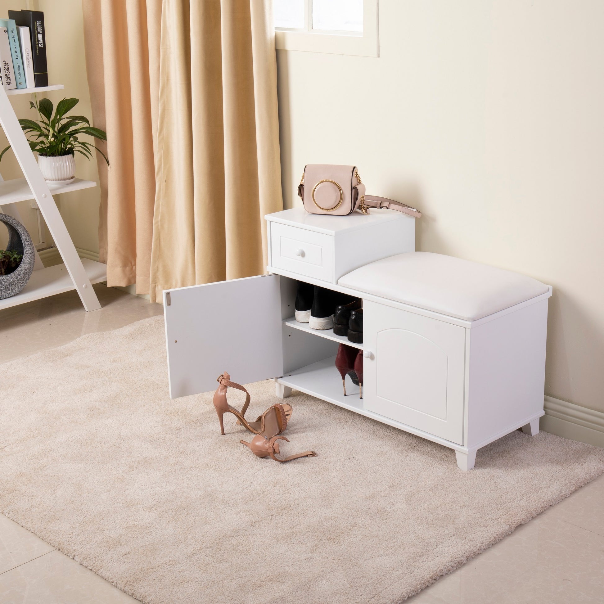 Wooden Shoe Storage Stool With Drawers White White Mdf