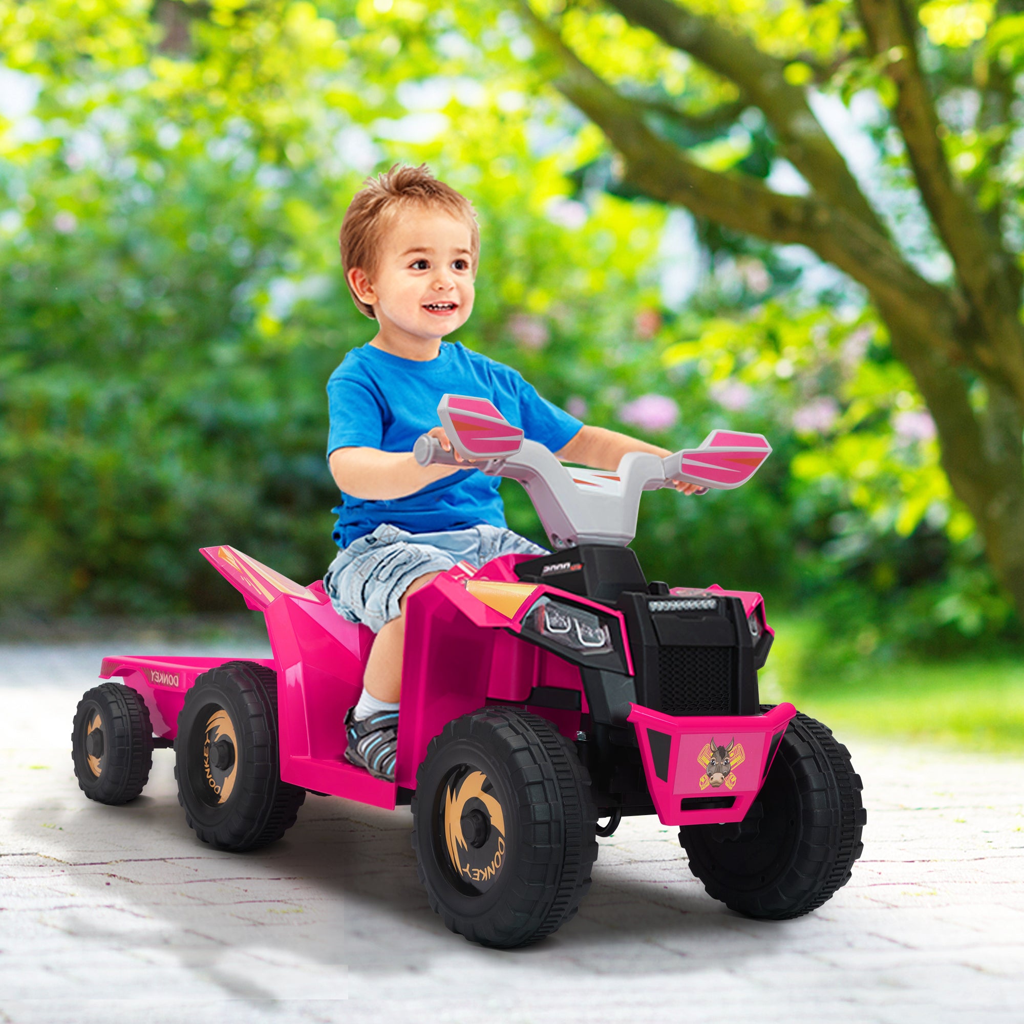 6V Kids Electric Atv, Toddler Ride On Car With Trailer, Music, Bluetooth And Power Display For Boys And Girls, Rosy Rose Polypropylene