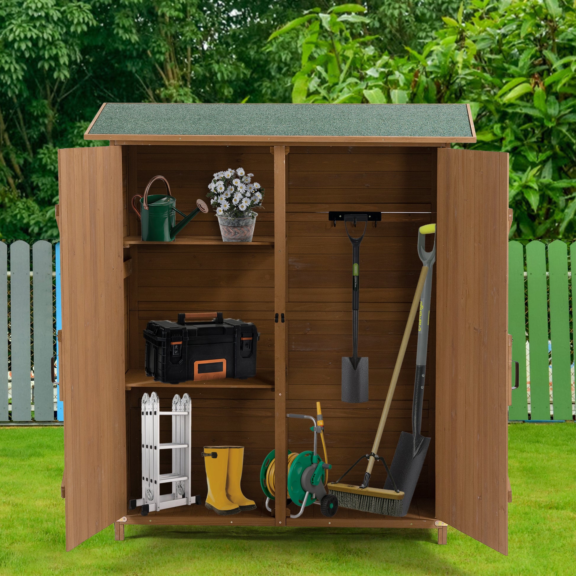 56"L X 19.5"W X 64"H Outdoor Storage Shed With Lockable Door, Wooden Tool Storage Shed W Detachable Shelves & Pitch Roof,Yellow Brown Yellow Brown Solid Wood