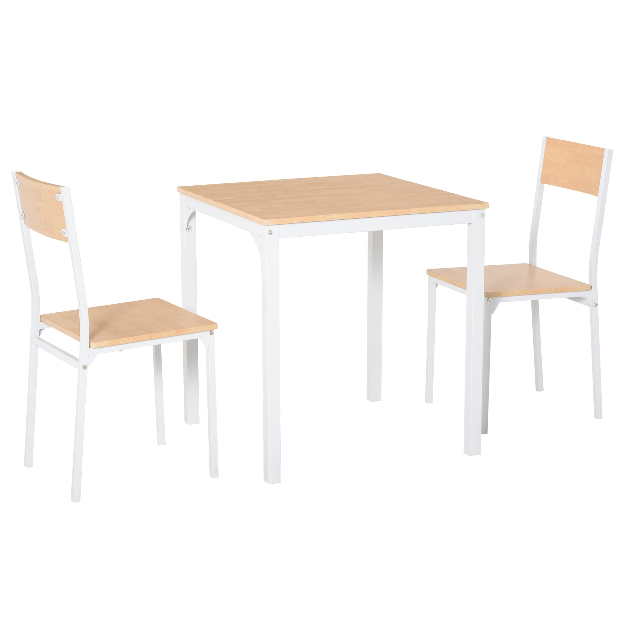 Homcom 3 Piece Wooden Square Dining Table Set With 1 Table And 2 Chairs And Sturdy Metal Frame For Small Space, White White Mdf