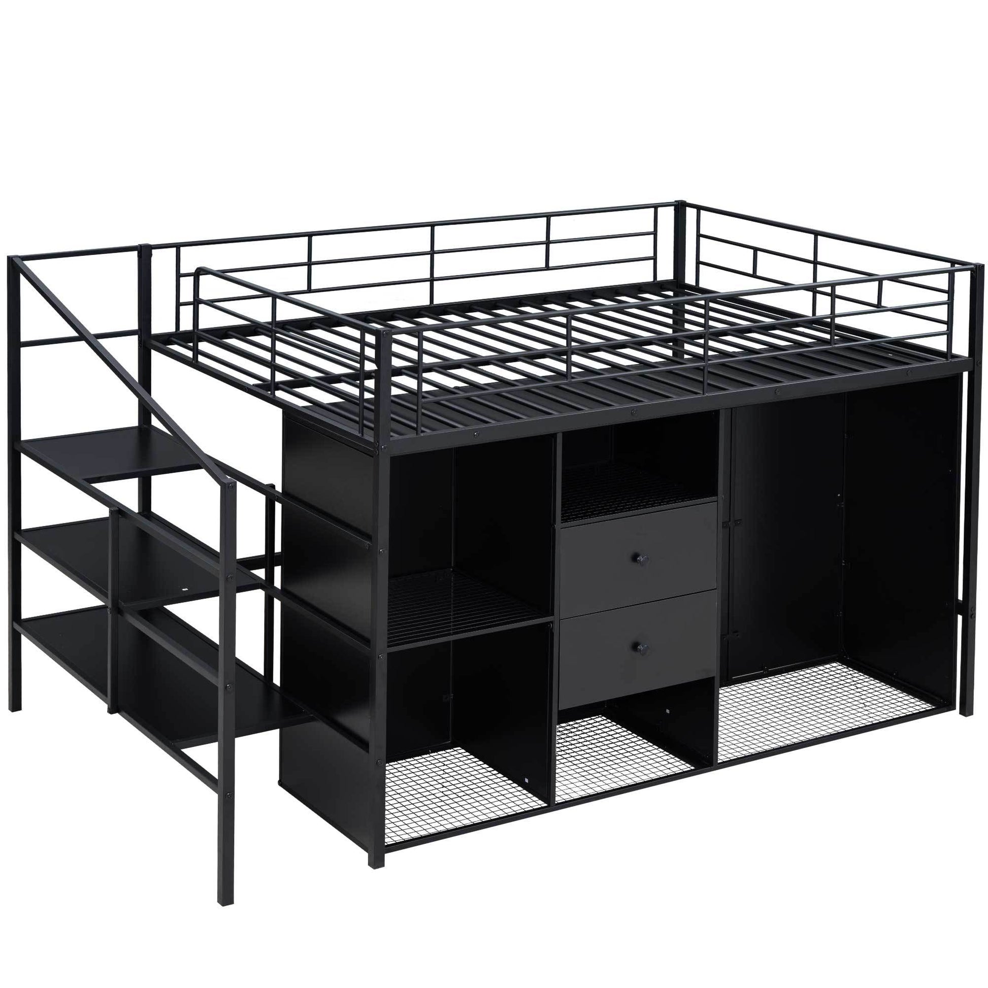 Full Size Metal Loft Bed With Drawers, Storage Staircase And Small Wardrobe Full Black Mdf Metal