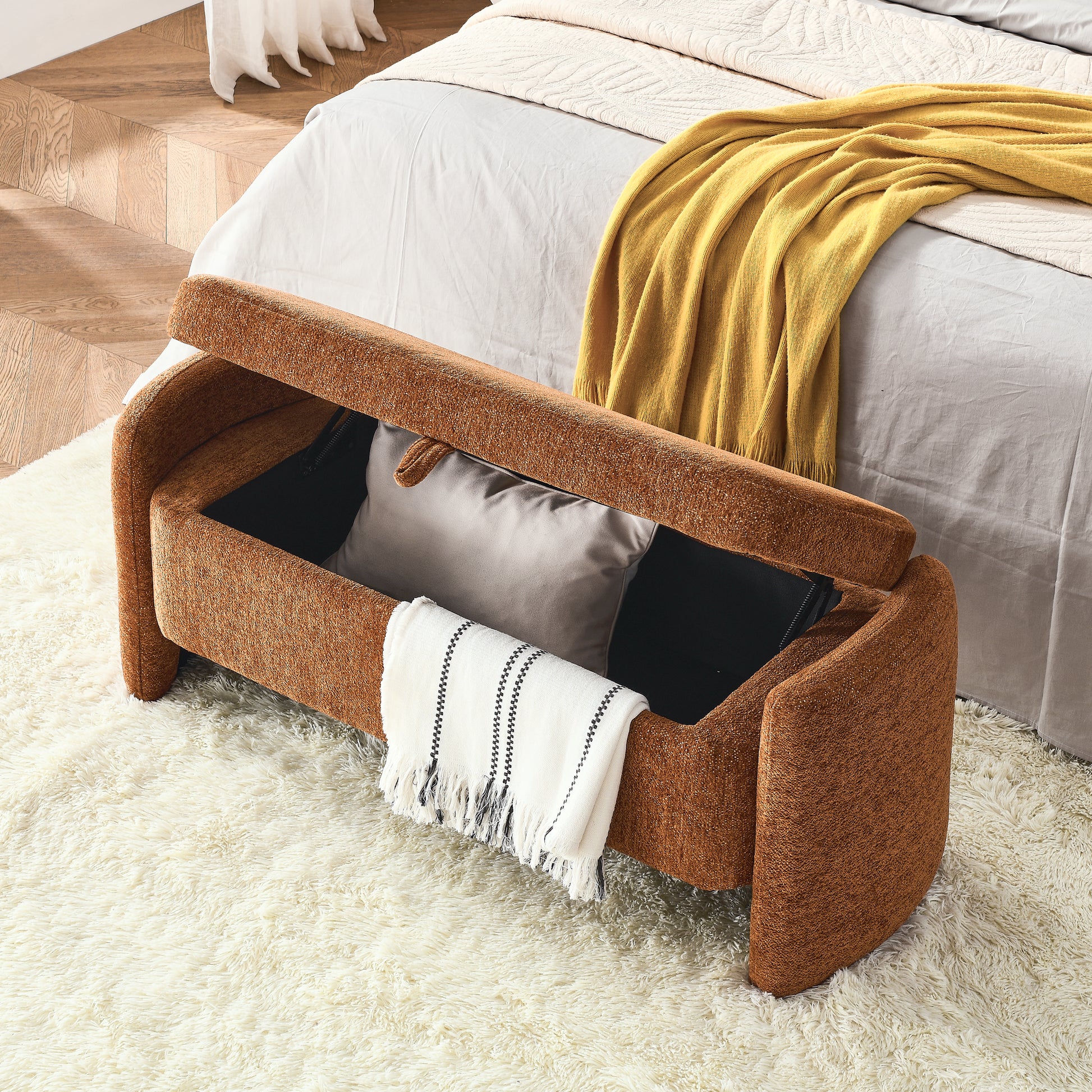 Oval Ottoman Orange Storage Bench Chenille Fabric Bench With Large Storage Space For The Living Room, Entryway And Bedroom,Orange Cushioned Orange Vanity Stools Bedroom Black American Design,American Traditional Wood Shoe Storage Polyurethane Foam