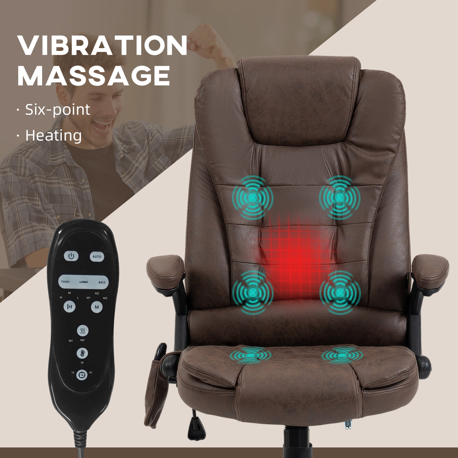 Homcom 6 Point Vibrating Massage Office Chair With Heat, Microfiber High Back Executive Office Chair With Reclining Backrest, Padded Armrests And Remote, Coffee Brown Polyester