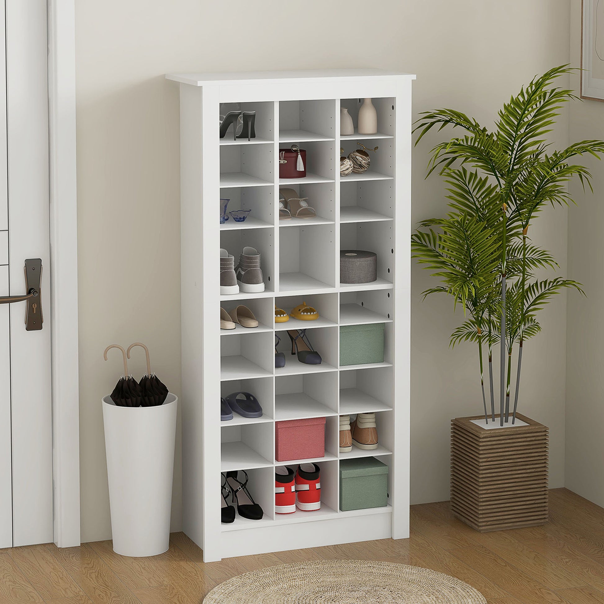 Homcom 58" Tall Shoe Cabinet For Entryway, Narrow Shoe Rack Storage Organizer With Open Cubes And Adjustable Shelves For 27 Pairs Of Shoes, White White Particle Board