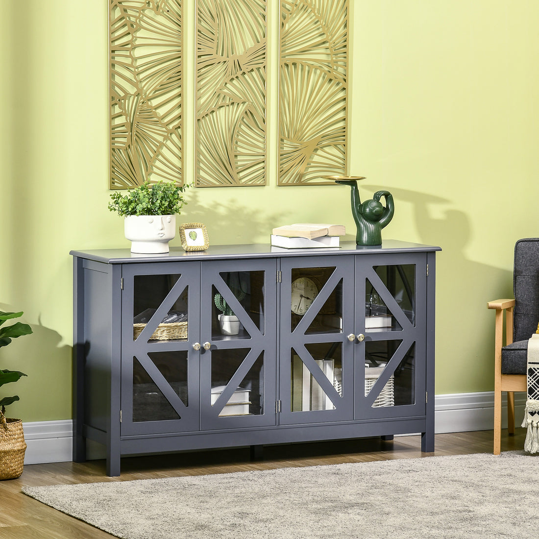 Homcom Sideboard, Buffet Cabinet With Tempered Glass Doors And Adjustable Storage Shelf, Credenza, Grey Gray Mdf