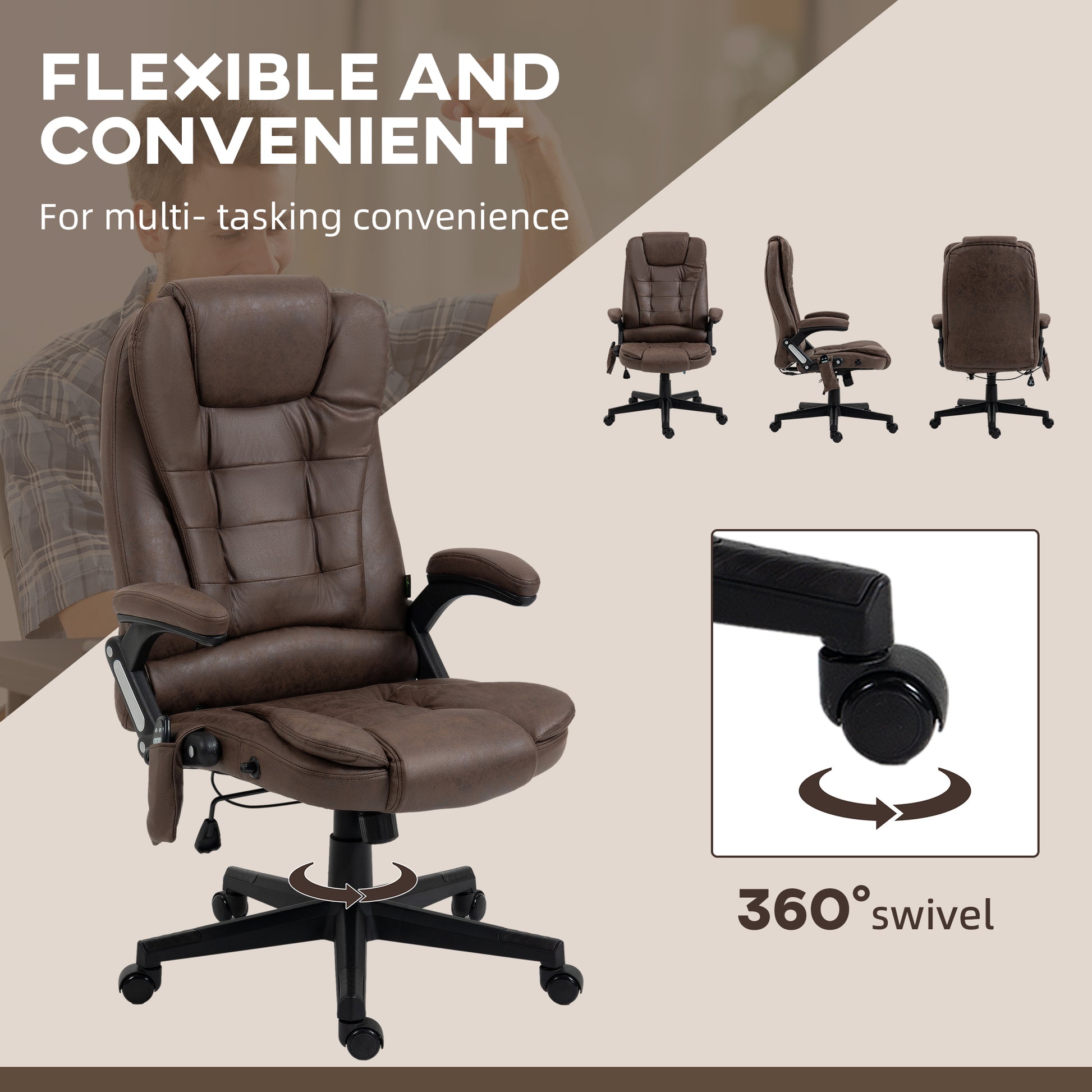 Homcom 6 Point Vibrating Massage Office Chair With Heat, Microfiber High Back Executive Office Chair With Reclining Backrest, Padded Armrests And Remote, Coffee Brown Polyester