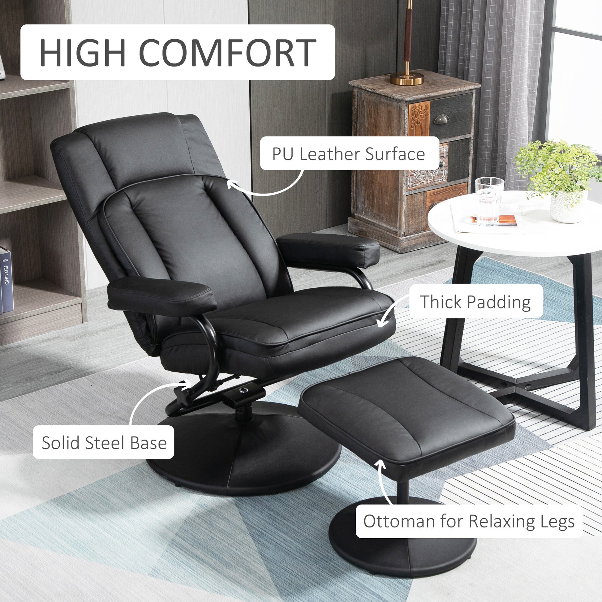 Homcom Swivel Recliner, Manual Pu Leather Armchair With Ottoman Footrest For Living Room, Office, Bedroom, Black Black Linen