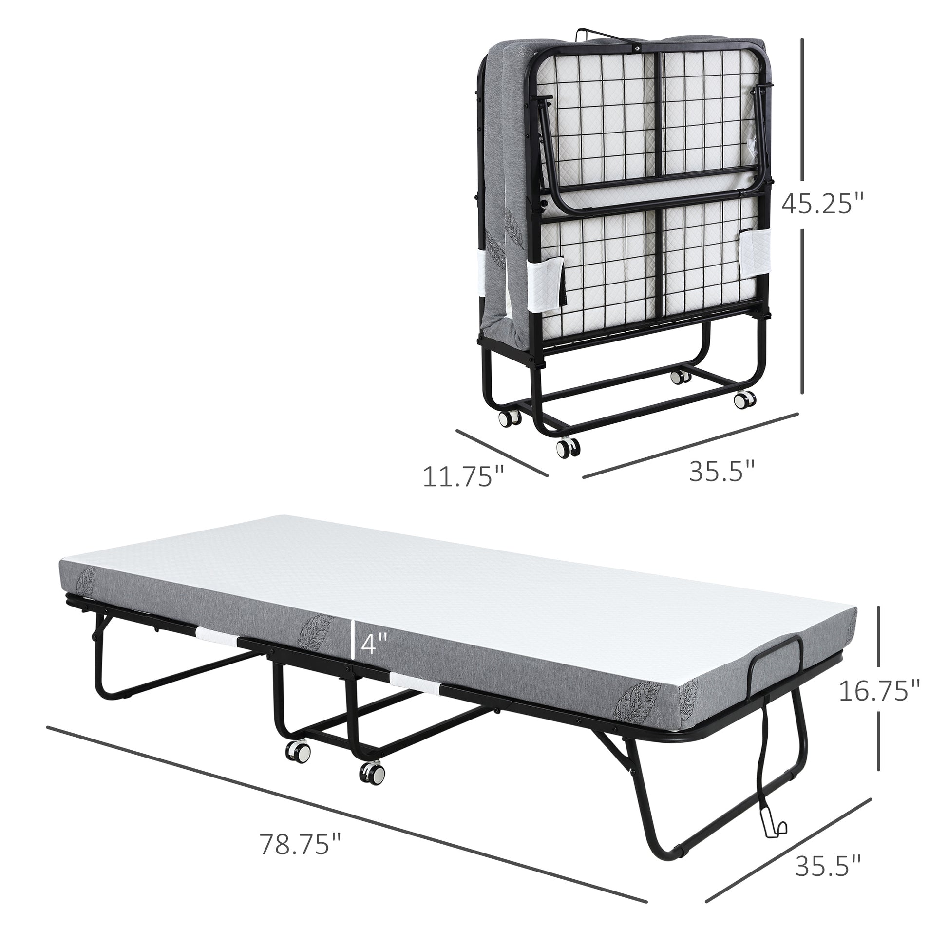 Homcom Rollaway Bed, Folding Bed With 4" Mattress, Portable Foldable Guest Bed With Sturdy Metal Frame And Wheels, 78.75"X35.5"X16.75", White White Steel