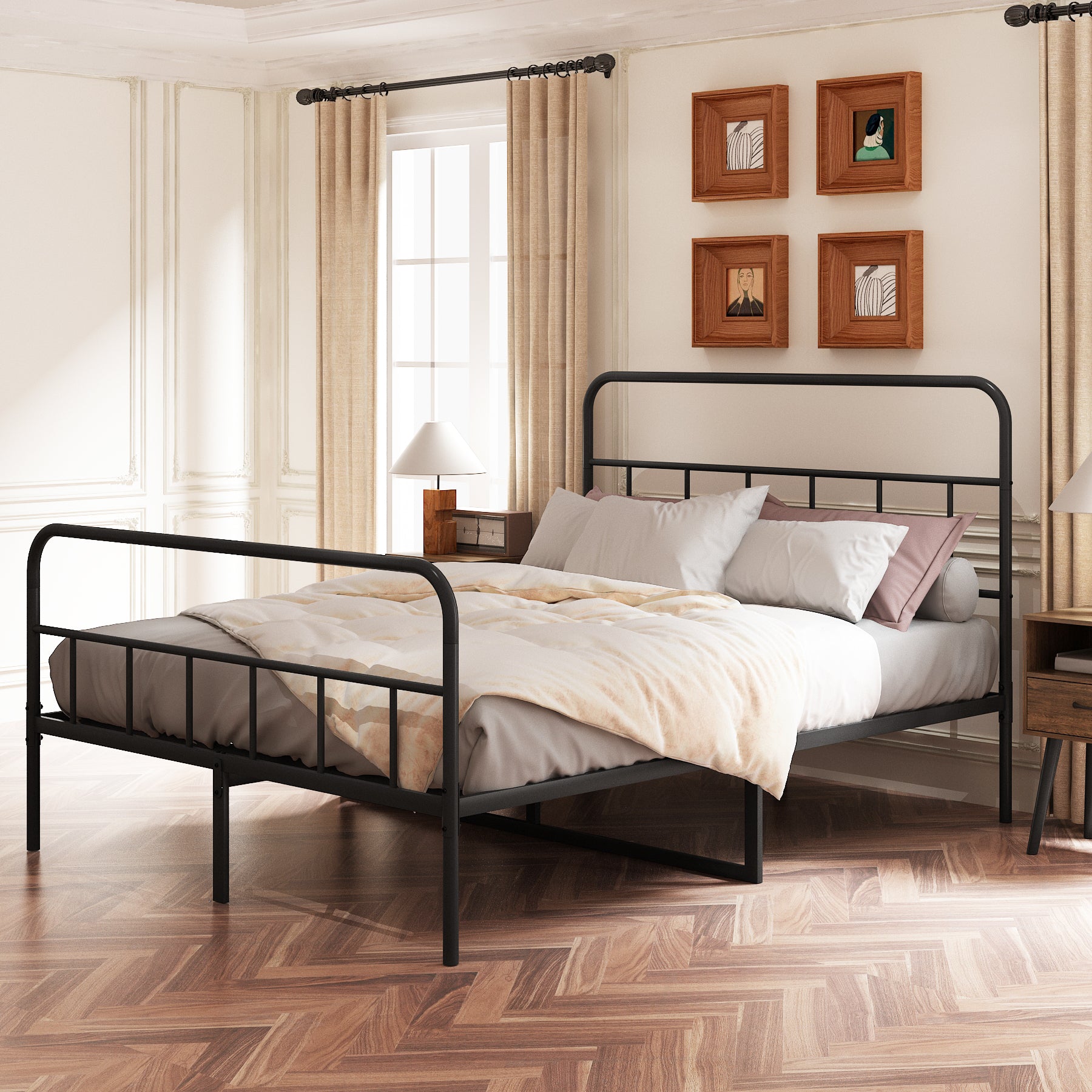 Metal Platform Bed Frame With Headboard, Sturdy Metal Frame, No Box Spring Needed Queen Queen Black Iron