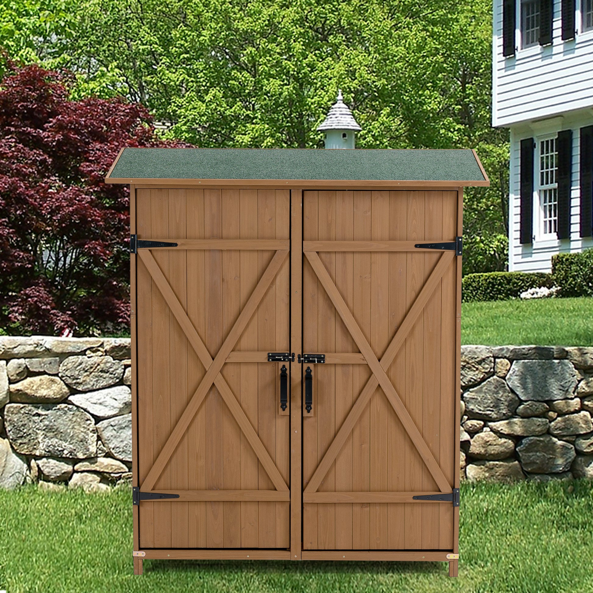 56"L X 19.5"W X 64"H Outdoor Storage Shed With Lockable Door, Wooden Tool Storage Shed W Detachable Shelves & Pitch Roof,Yellow Brown Yellow Brown Solid Wood