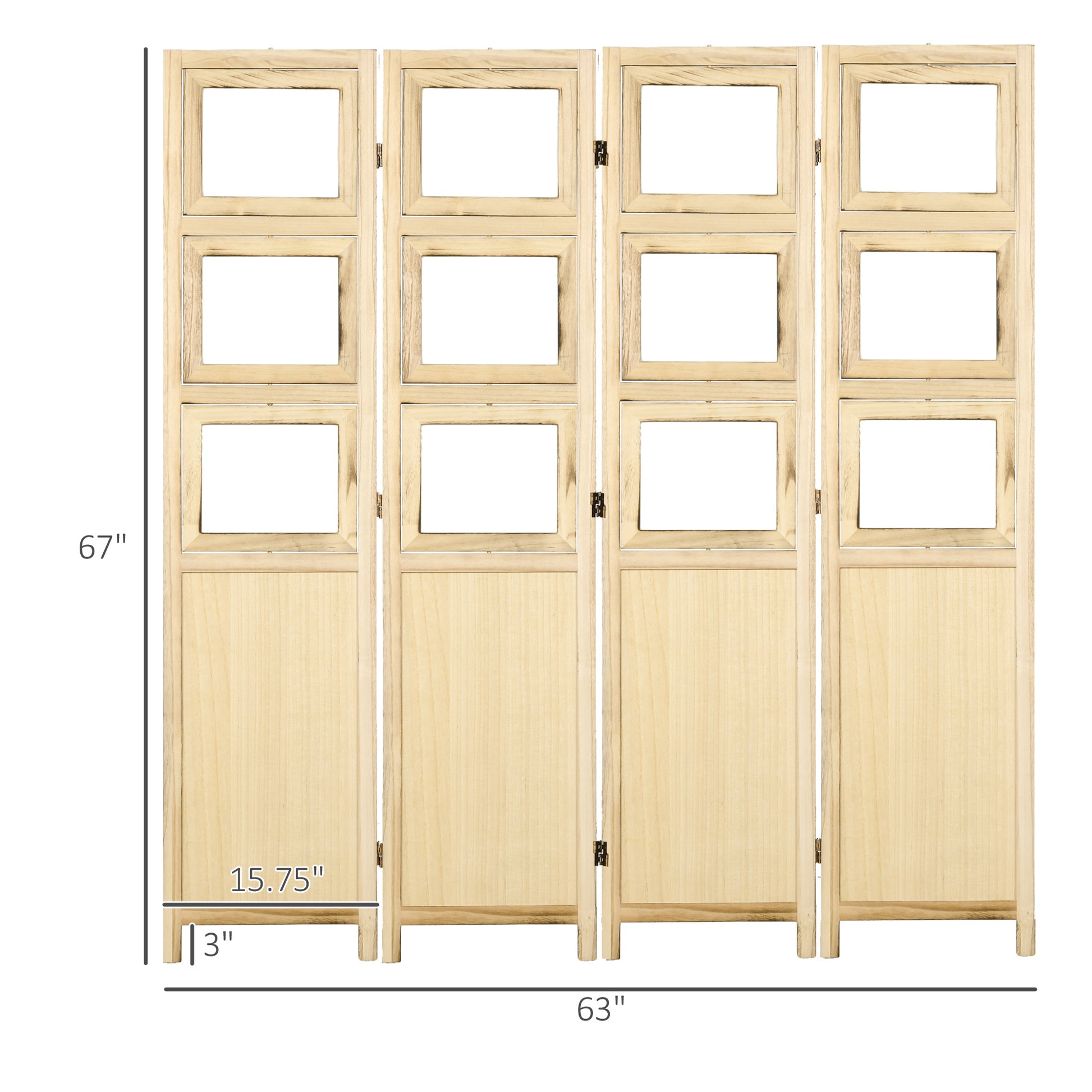 Homcom 4 Panel Room Divider, 5.6' Indoor Wood Portable Folding Privacy Screens With Photo Frames And Cardstocks, Hinged Freestanding Partition Wall Dividers For Home Office, Natural Natural Wood