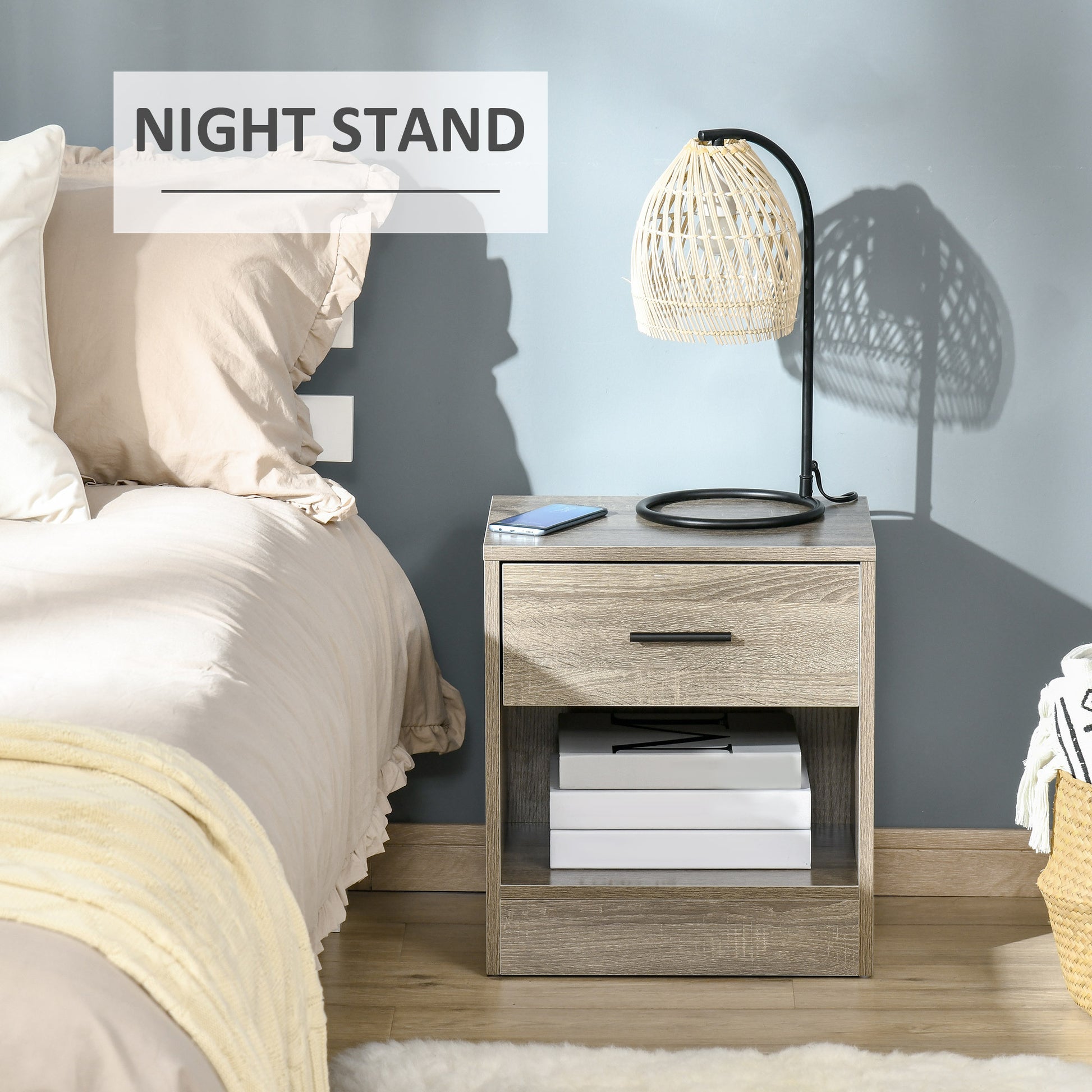 Homcom Side Table, Small End Table With Storage Shelf And Drawer, Modern Bedside Table For Bedroom Or Living Room, Gray Wood Grain Gray Particle Board