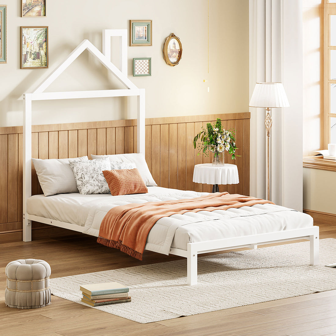 Twin Size Metal Platform Bed With House Shaped Headboard Design, White White Metal