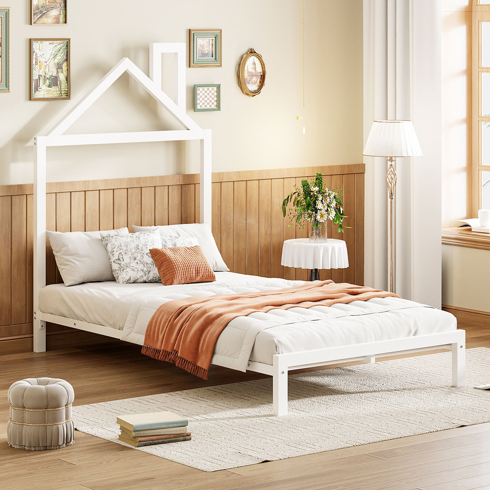 Twin Size Metal Platform Bed With House Shaped Headboard Design, White White Metal