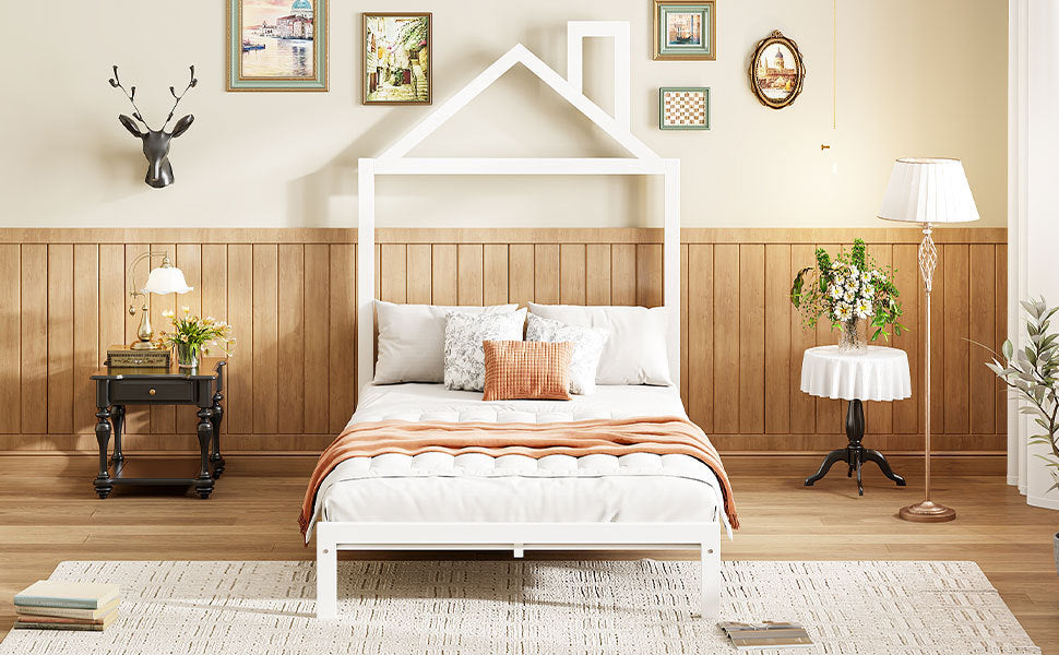 Twin Size Metal Platform Bed With House Shaped Headboard Design, White White Metal